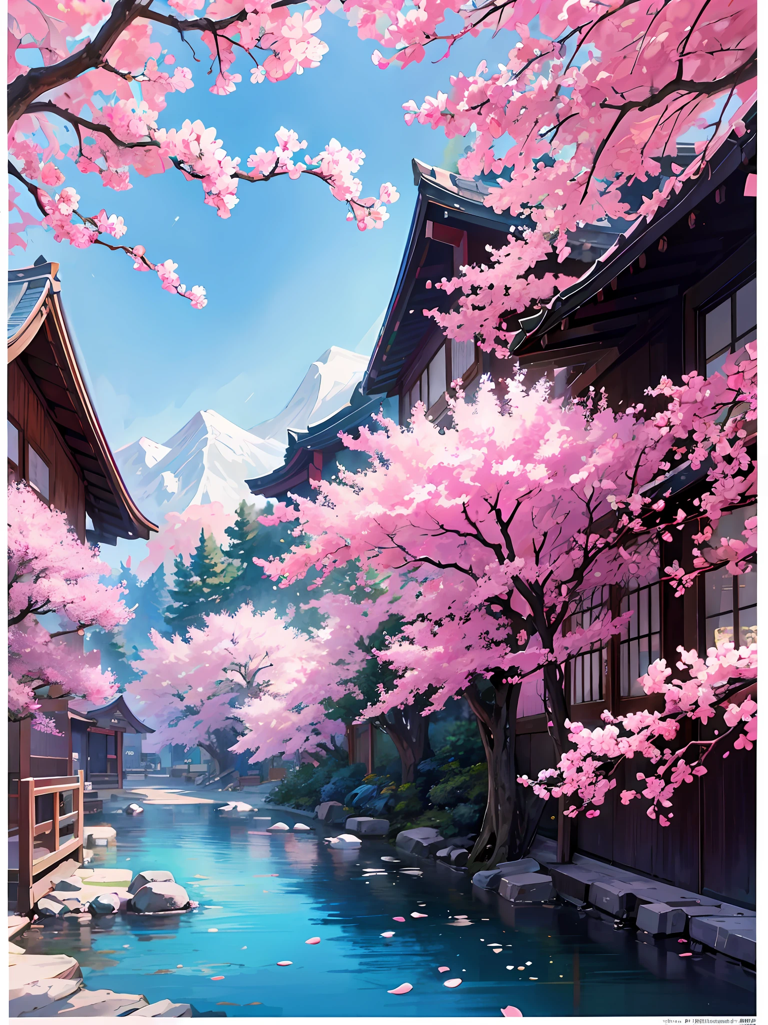 Beautiful shrine landscape, cherry blossoms, pines, anime background art, Japan art style, beautiful anime scene, detailed scenery - width 672, background art, anime landscape, anime background, beautiful anime scenery, beautiful peace scene in anime, landscape artwork, Japan village, anime landscape concept art, 8k))