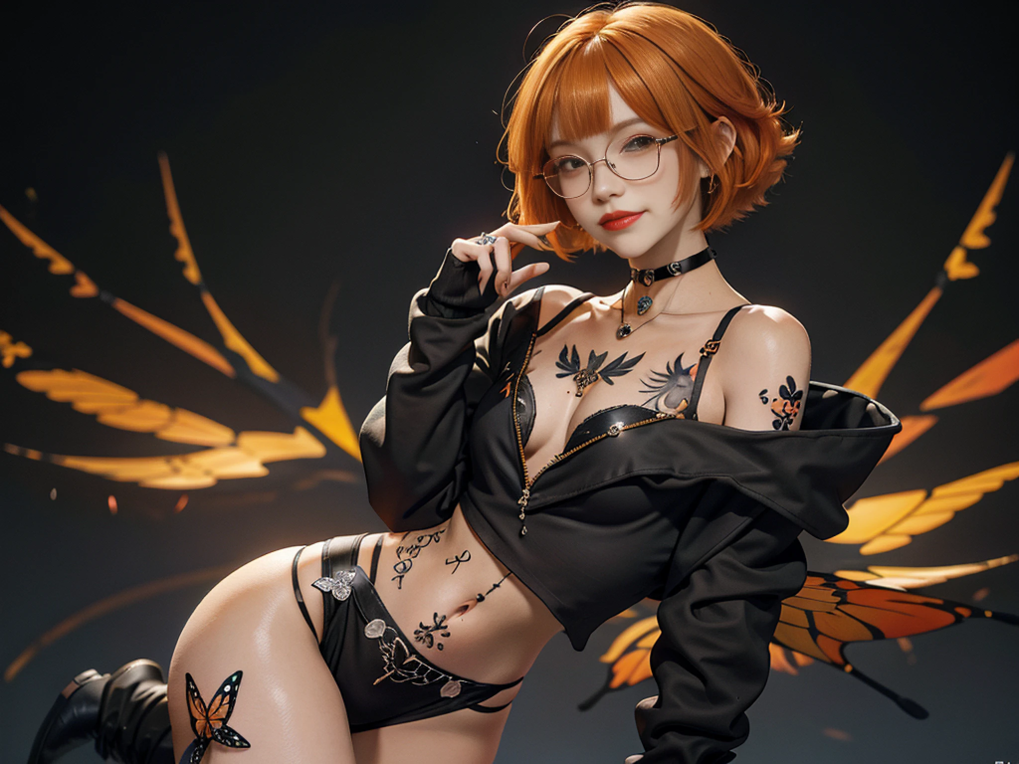 Young Girl, wear black sweatshirt, only sweatshirt, orange hair, glasses and red lips. 16k, bob cut, full body, thighs, (skin: 2.0), masterpiece, best quality, high resolution, 1girl, orange hair, asymmetrical hair, short hair, hair between eyes,bob cut, side braids, hair ornament, fish hair ornament, tassel, armor, bangs, orange eyes, open mouth, smile, teeth, upper teeth only, choker, pendant choker, butterfly choker, collarbone, tattoo, tattoo, chest tattoo,  flower tattoo, neckline, small breasts, thighs,