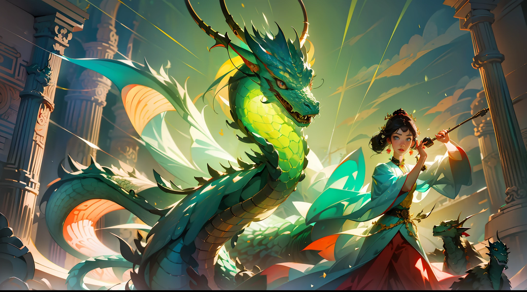 Masterpiece, highest quality, super detail, trend, art station, CG, an ancient Chinese beauty dragon trainer, bust photo, detailed eyes, symmetry, Tang dynasty costume, holding a large jewel in hand, a small dragon behind him, professional lighting, professional photography, (realistic: 1.5), octane rendering, (surreal: 1.2), --auto --s2