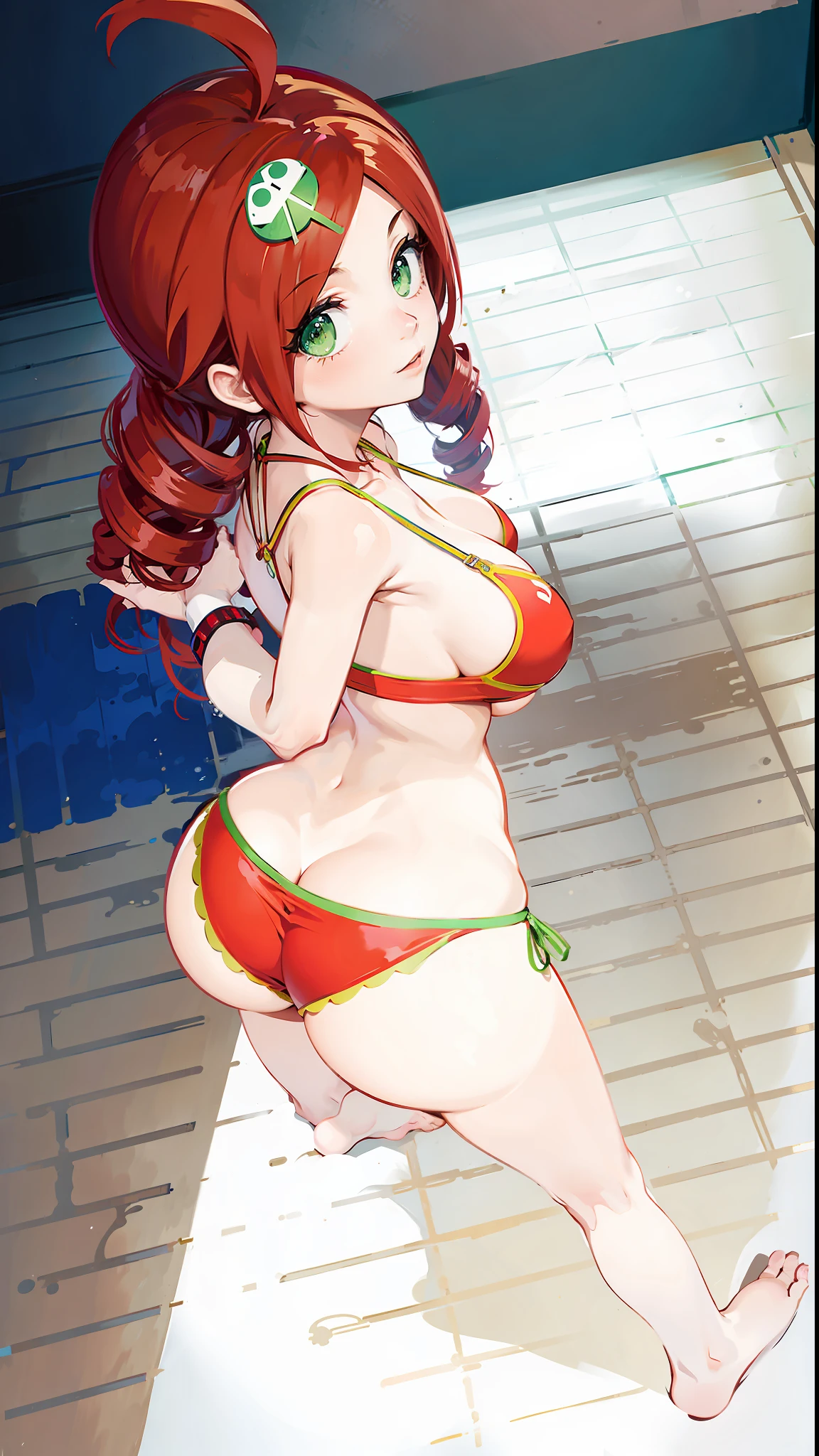 masterpiece, best quality, full body, simple background, minimalist background, 1girl, female focus, solo, Ringo Ando, green eyes, red hair, ahoge, twin drill, wristband, (bikini: 1.25), (red bikini: 1.30), butt, wide hips, butt, large butt, huge ass, large behind, large rear, suggestive