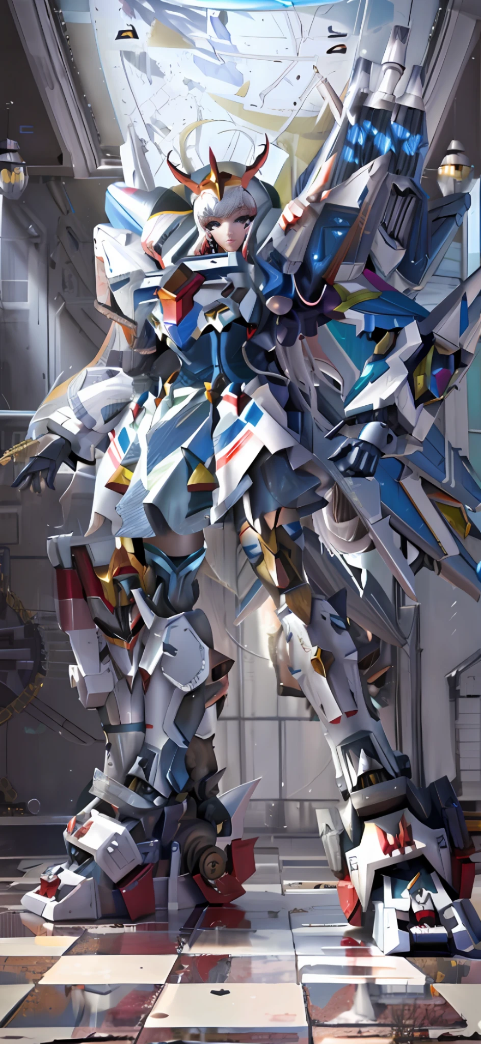 Close-up of female robot standing on checkered floor, mecha feminine, big breasted big ass big long legs, Alexander Fira white mecha, anime mecha aesthetics, mecha aesthetics, Fira white mecha, cool mecha style, white mecha, modern mecha anime, mecha art, #机甲, Barbatos mobile suit, mecha anime, Alexander Fira mecha