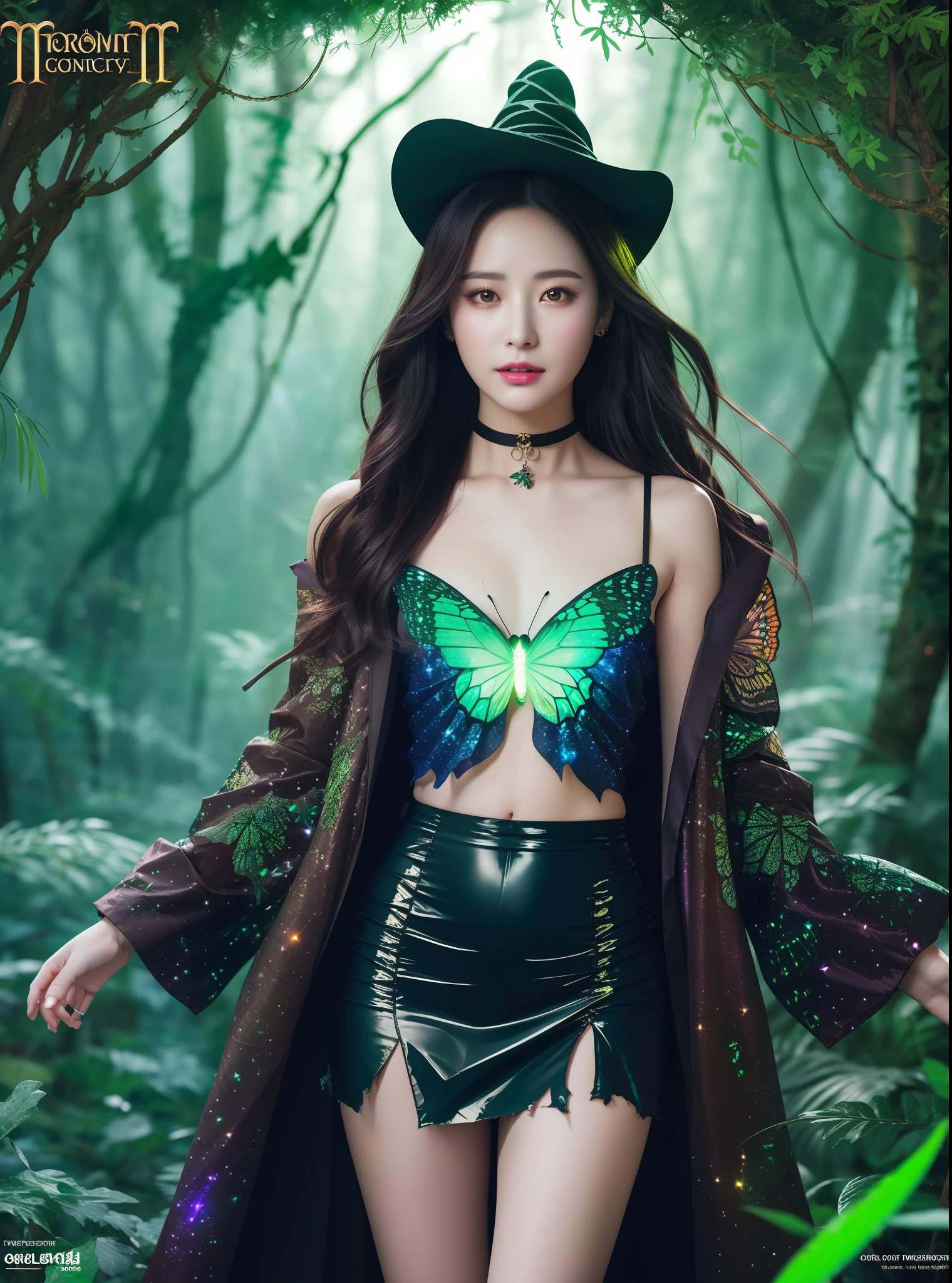 sexy full shot body photo of the most beautiful artwork in the world, illustration, cinematic light, fantasy, highres, highest quallity, ultra detailed, best quality, masterpiece, (detailed face), sexy mature woman wears a shirt and (torn) fullbody (transparent galaxy) cloths coat, floating cloth, choker, glowing (elder underworld fantasy) forest plants with neon details, open shoulders, tiny glowing butterfly, hair jewery, wearing a torn witch hat, (focus on body:1.25), night, small mutated animals in background, torn mini skirt ,a potion on hip, shoulder pads emitting magic energy, cameltoe, dark, light reflection