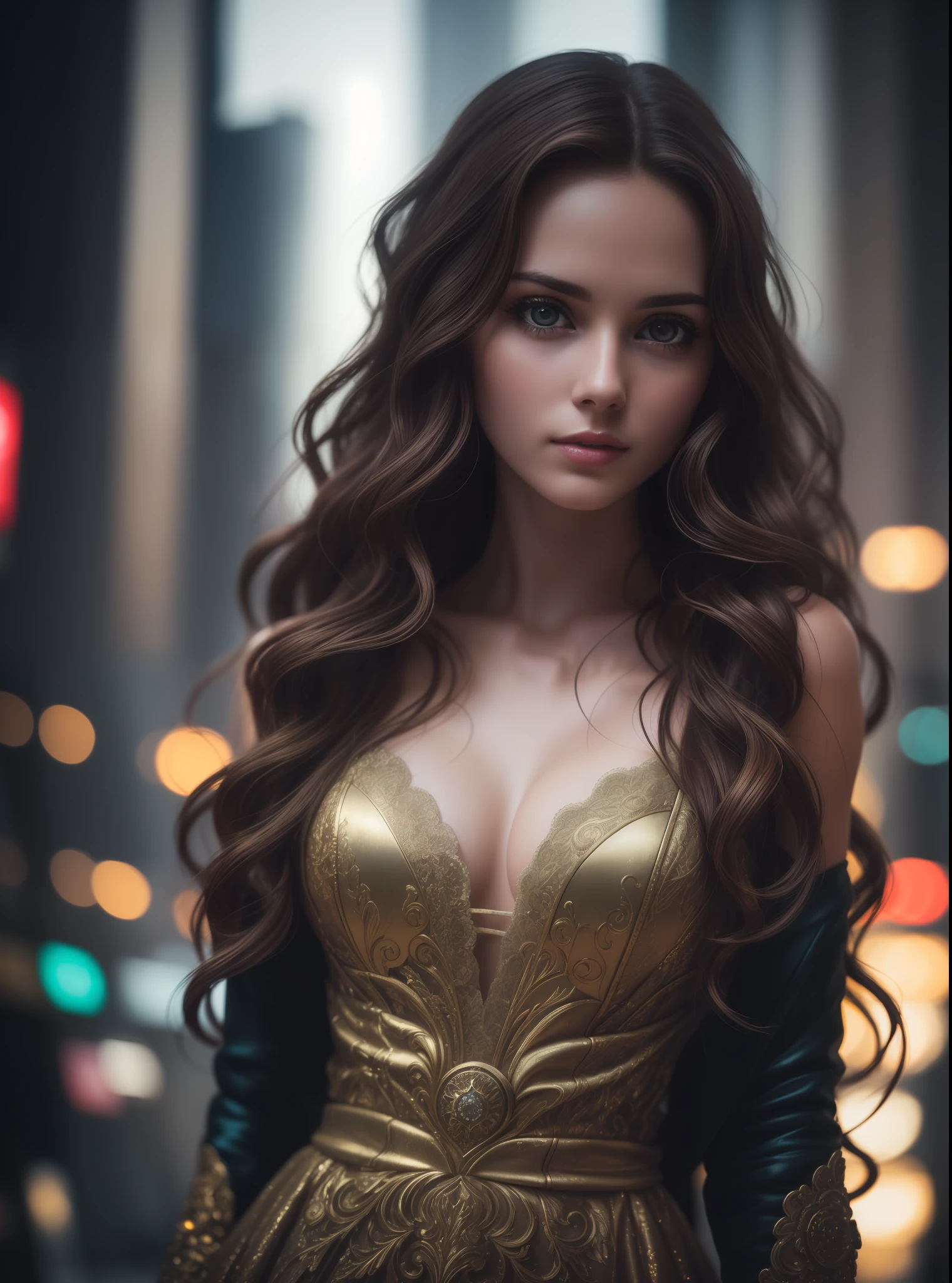 photo of a 25 years old european girl, RAW, beautiful woman, (extra long wavy brown hair), ((portrait)), ((detailed face:1.2)), ((detailed facial features)), (finely detailed skin), pale skin, high detailed deep cleavage cyberpunk dress outfit, megacity environment, (cold colors), damp, moist, reflections, (masterpiece) (perfect proportion)(realistic photo)(best quality) (detailed) photographed on a Canon EOS R5, 50mm lens, F/2.8, HDR, (8k) (wallpaper) (cinematic lighting) (dramatic lighting) (sharp focus) (intricate)