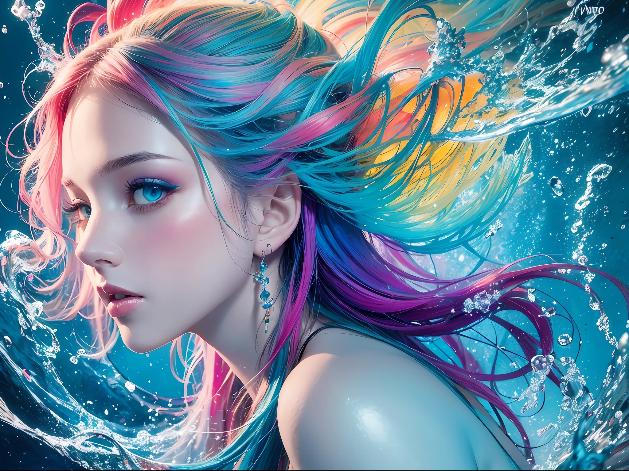 Colorful abstract art of underwater paint of a beautiful woman, romantic lighting, underwater paint art awarded by alberto seveso --auto --s2