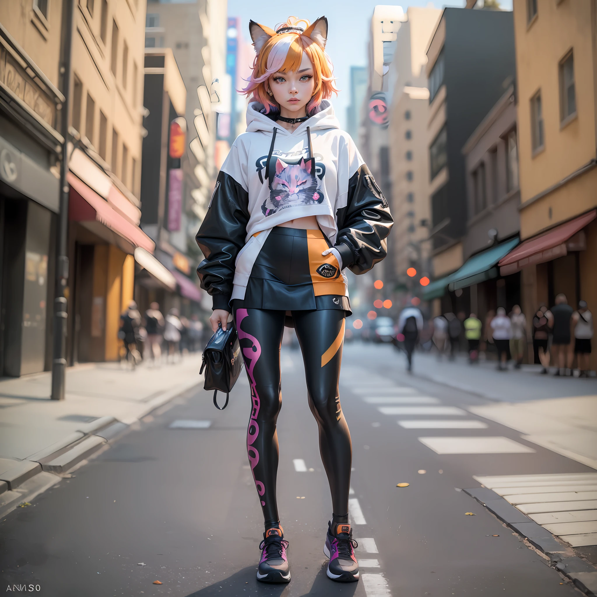 a cat (((anthropomorphic,))) , with skirt, hoodie, jewelry, leggings with graphic pattern of jaguar skin, sneakers, vain, beautiful, elegant, walks in the city, ((((solo))) 80s, ultra-realistic, midday light, striated hair, multicolored hair, tiara, dilated pupils, wolf ears, drunk, Futurism, Fujicolor, afterimage, first person view, f/1.8, 135mm, Sony FE GM, UHD, 16k, high quality, High detail --auto --s2