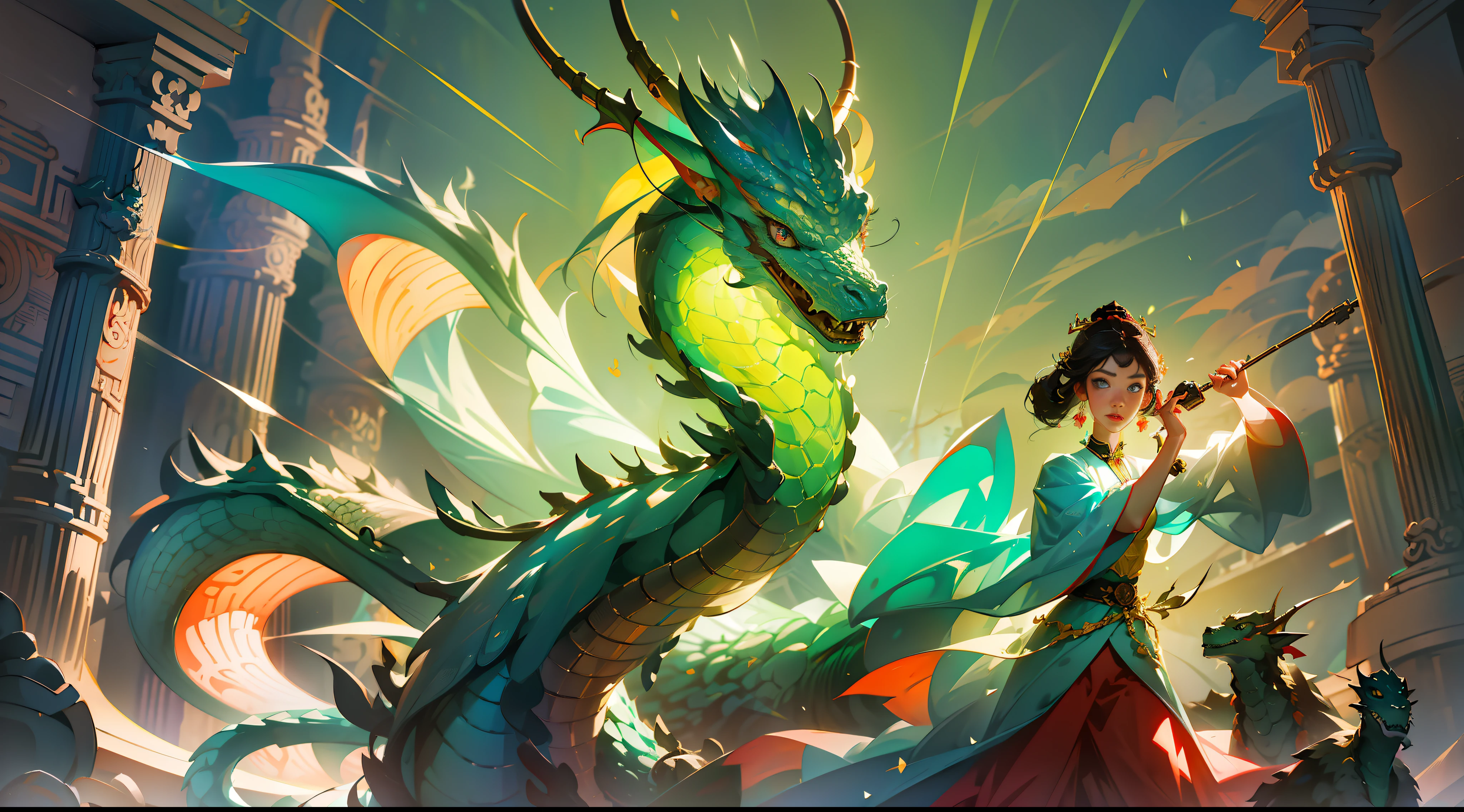 Masterpiece, highest quality, super detail, trend, art station, CG, an ancient Chinese beauty dragon trainer, bust photo, detailed eyes, symmetry, Tang dynasty costume, holding a large jewel in hand, a small dragon behind him, professional lighting, professional photography, (realistic: 1.5), octane rendering, (surreal: 1.2), --auto --s2