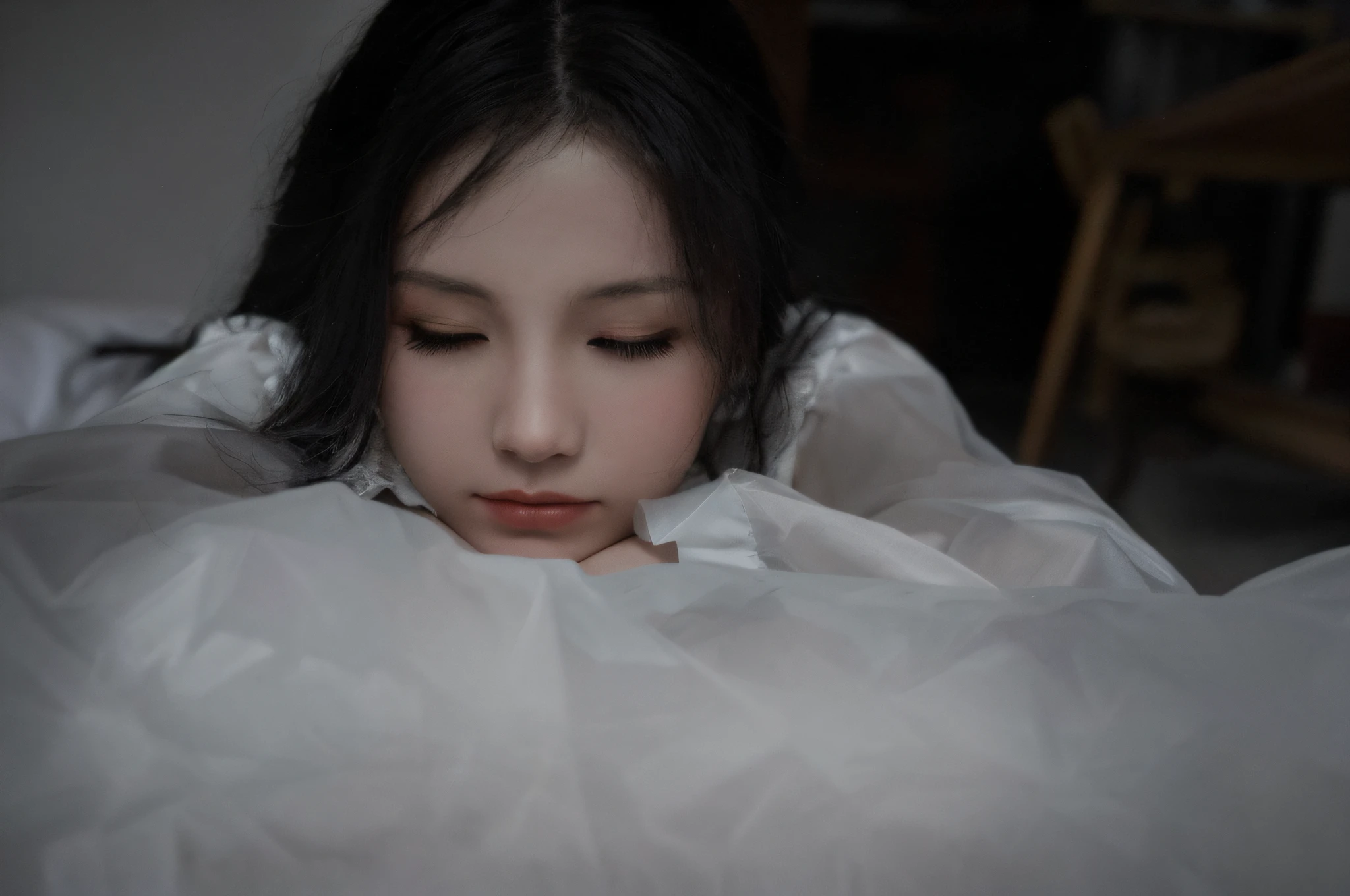 (eyes closed: 1.4), dark emo girl, wearing transparent clothes, on bed, white sheets, near corners, realistic face, detail face, detail background a little blurry, mysterious view, wet reflection, not much light on the model, correct shadows, HDR, photo realistic, photo with dark tones, Gothic photo, mid