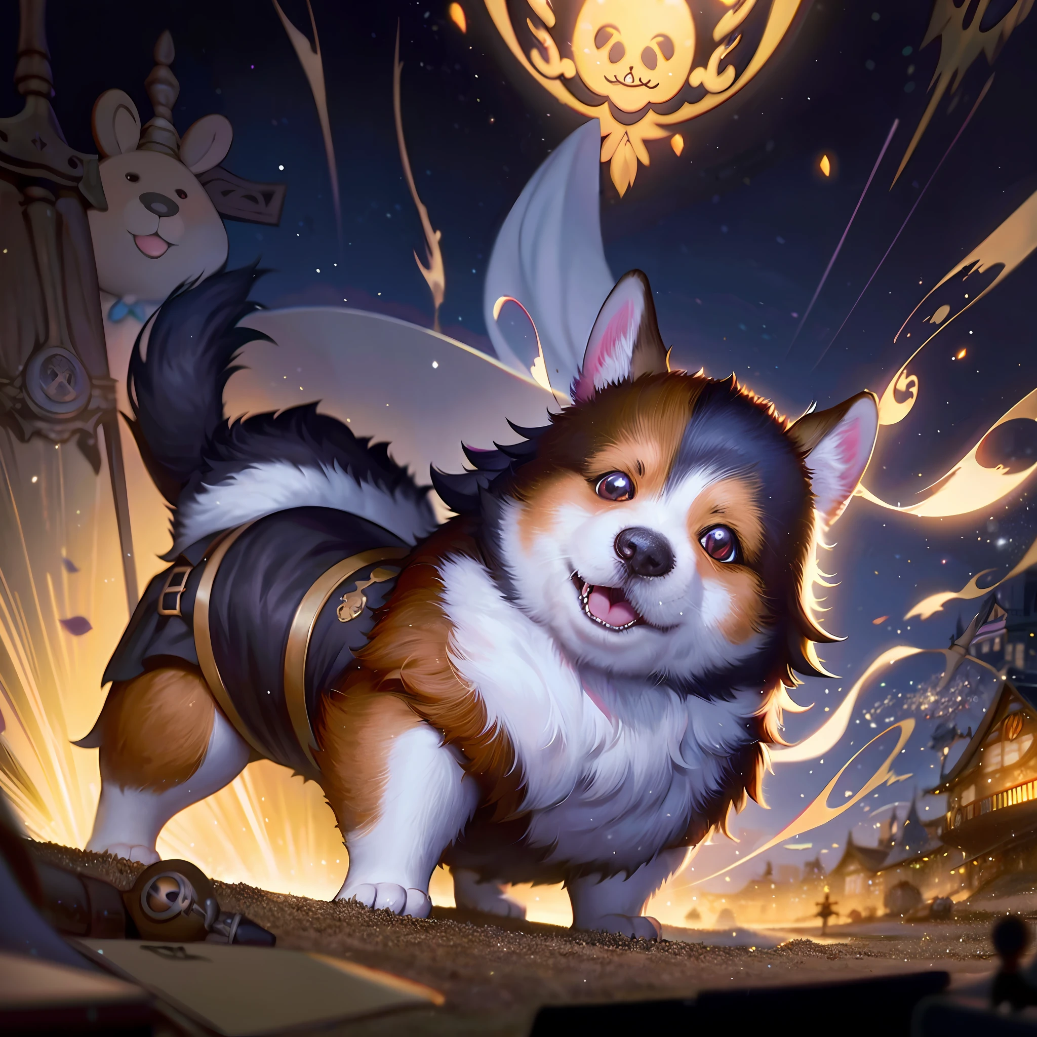 corgi as a Jack Sparrow, Light field photography, wide angle lens f/2.8, luminism, ultra detailed busy background, maximalism, perfectionism, Award wining masterpiece,