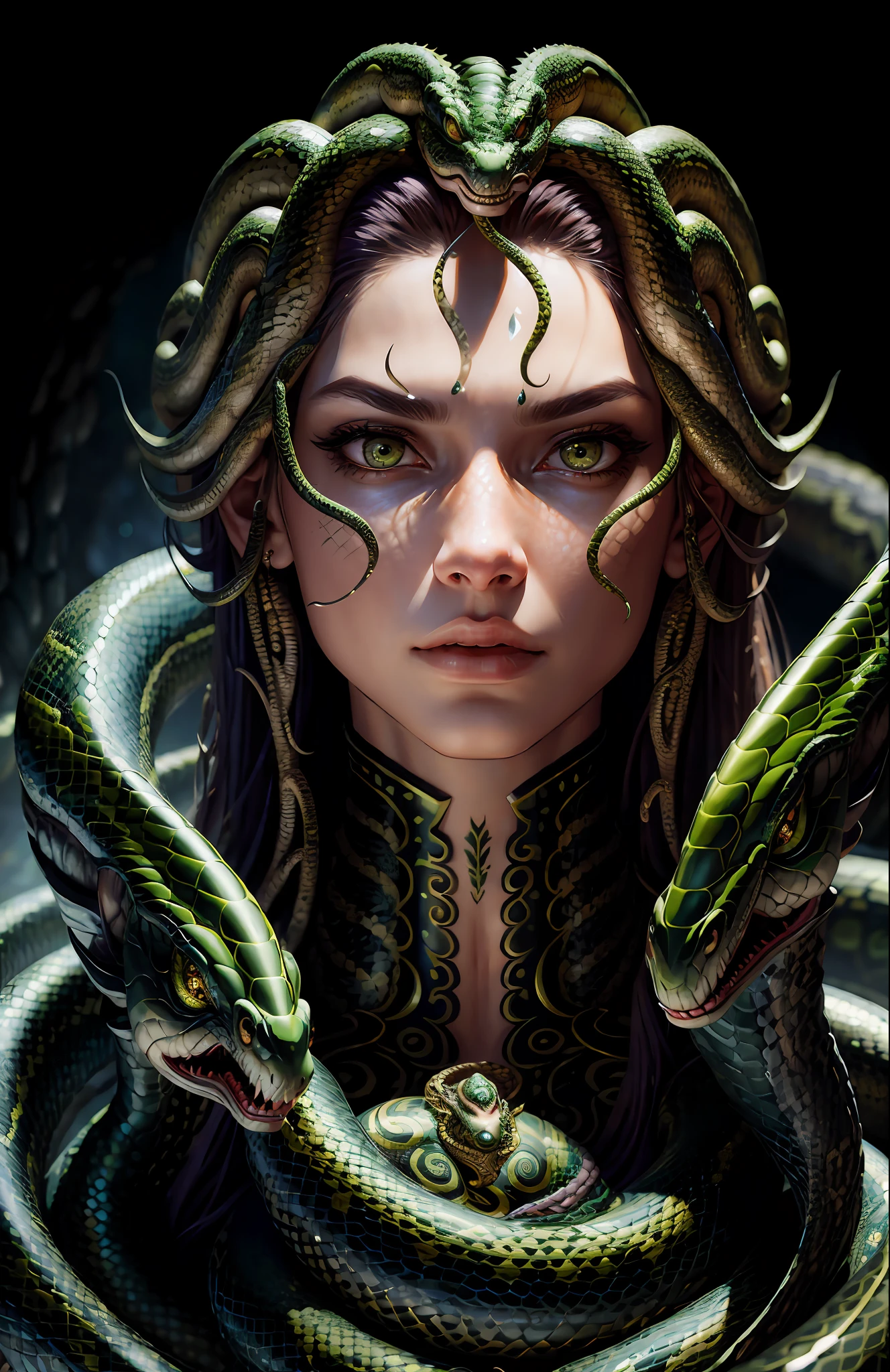 ((best quality)), ((masterpiece)), ((realistic)), beautiful Medusa (female face and upper body, snake tail), hair is composed of countless small snakes, green eyes, metal carved top, artstation trend on, sharp focus, studio photo, intricate detail, very detailed, detailed eye, illustration, very detailed, sharp focus, digital render, professional, 4k