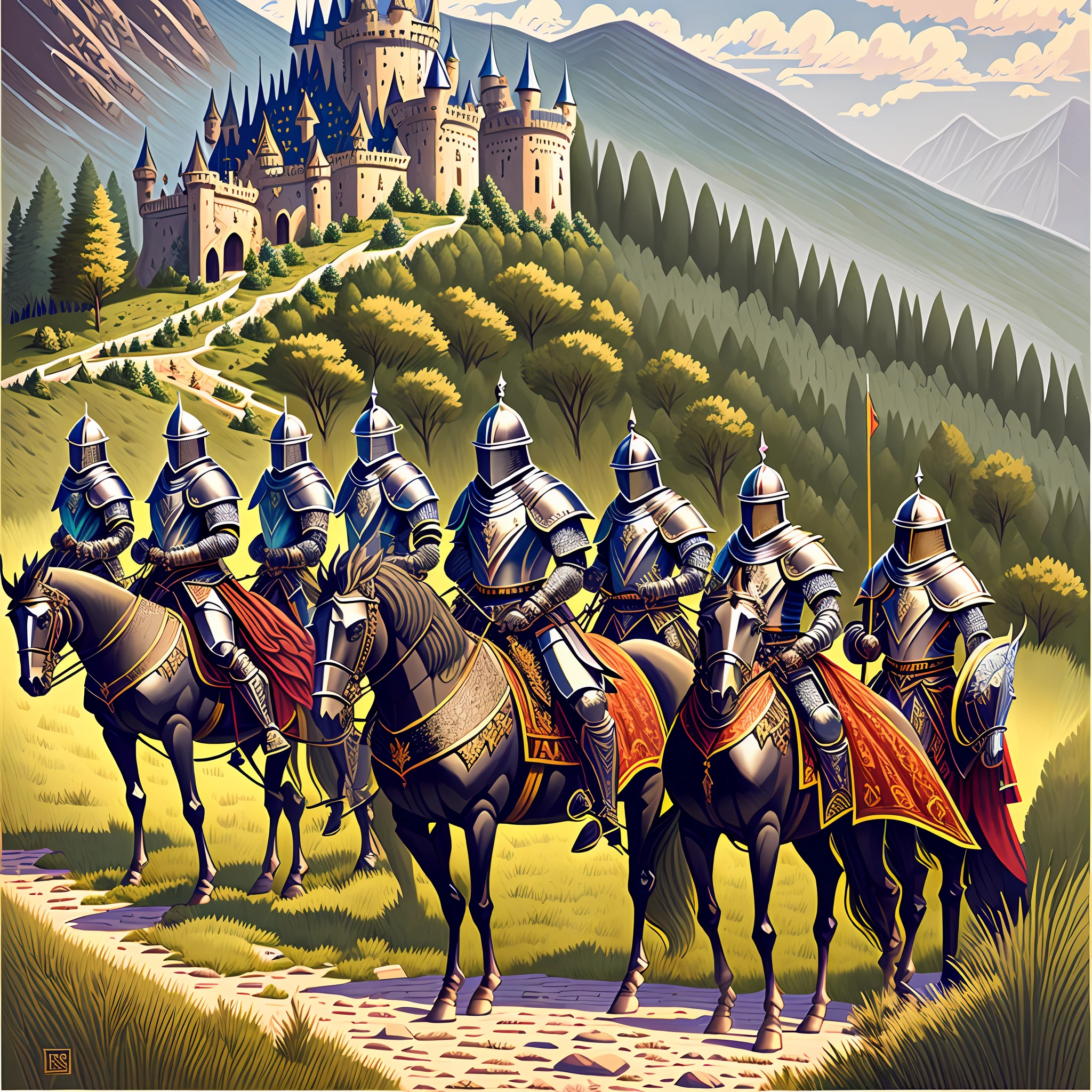 Highly detailed professional illustration of knights in armor in front of a castle in a mountain landscape