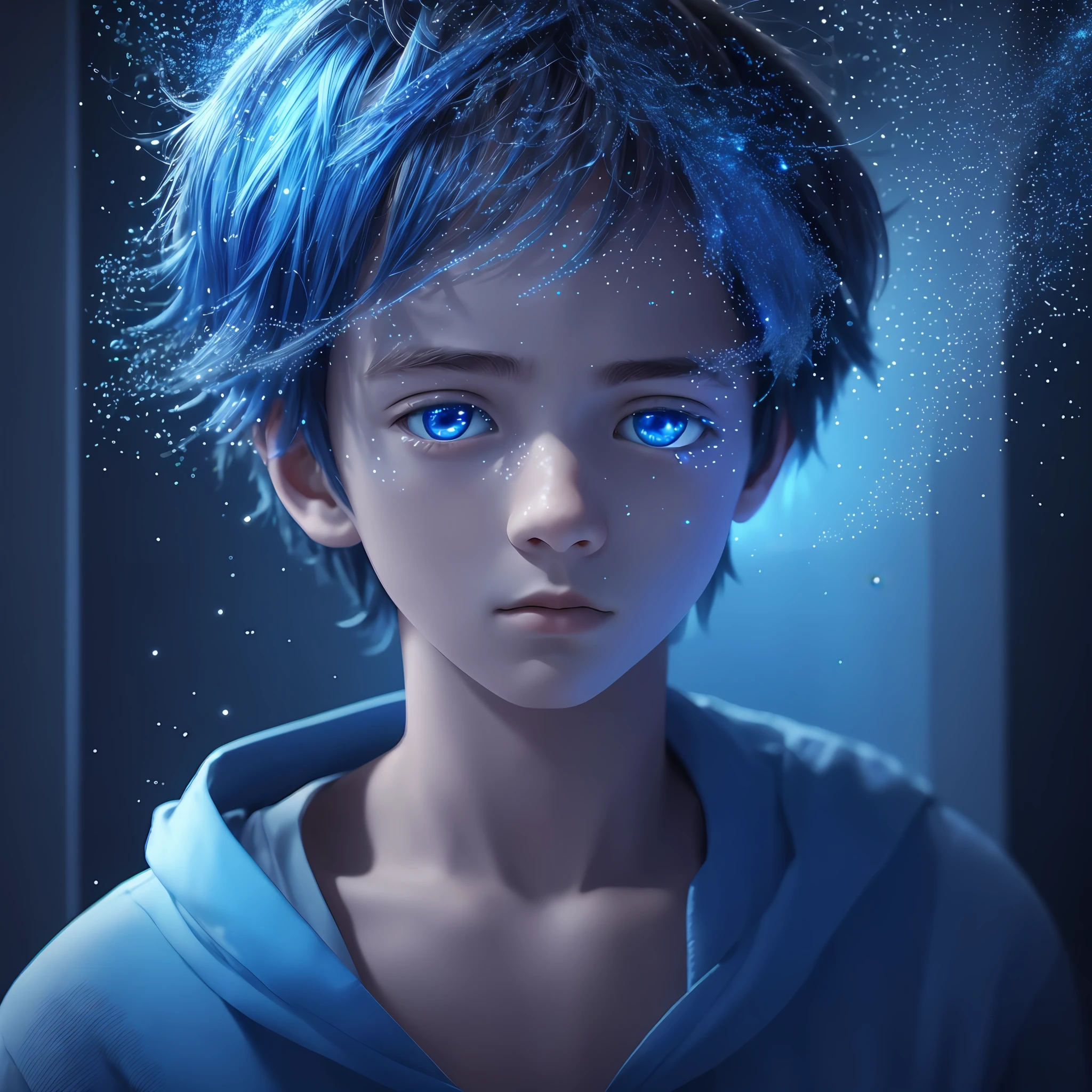 8K rendering, masterpiece, ultra realistic, ultra detailed, boy with a sad look exuding bright blue particles through the dark room --auto --s2