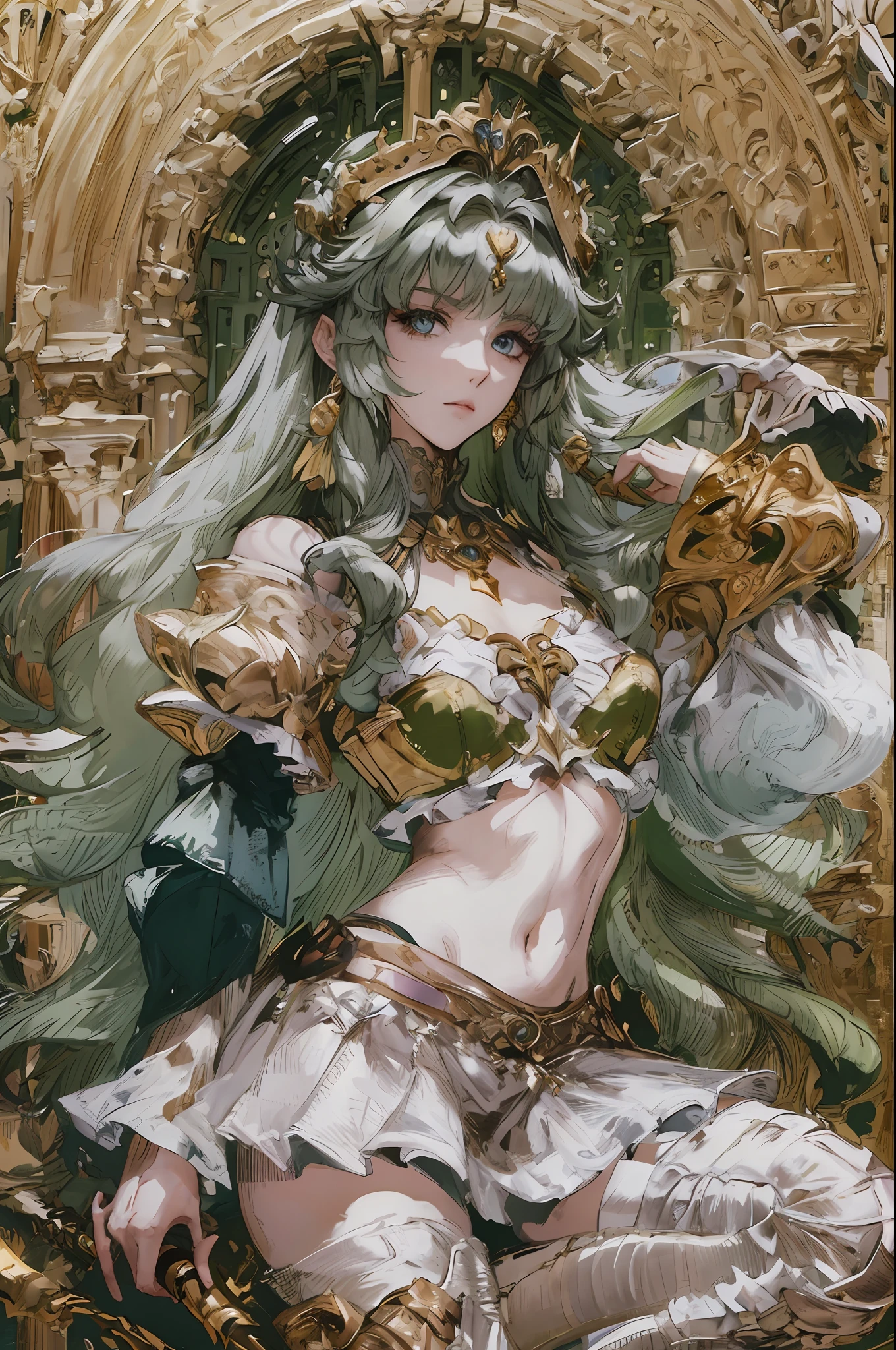 8k, the best quality, masterpiece, highly detailed, semi realistic, 1 girl, young woman, green and astringent, 19 years old, golden long hair, right eye covered by Bangs, blue right eye, jewelry crown, palace style white and gold short skirts, golden iron boots, slim figure, holding a sword, proud and disdainful