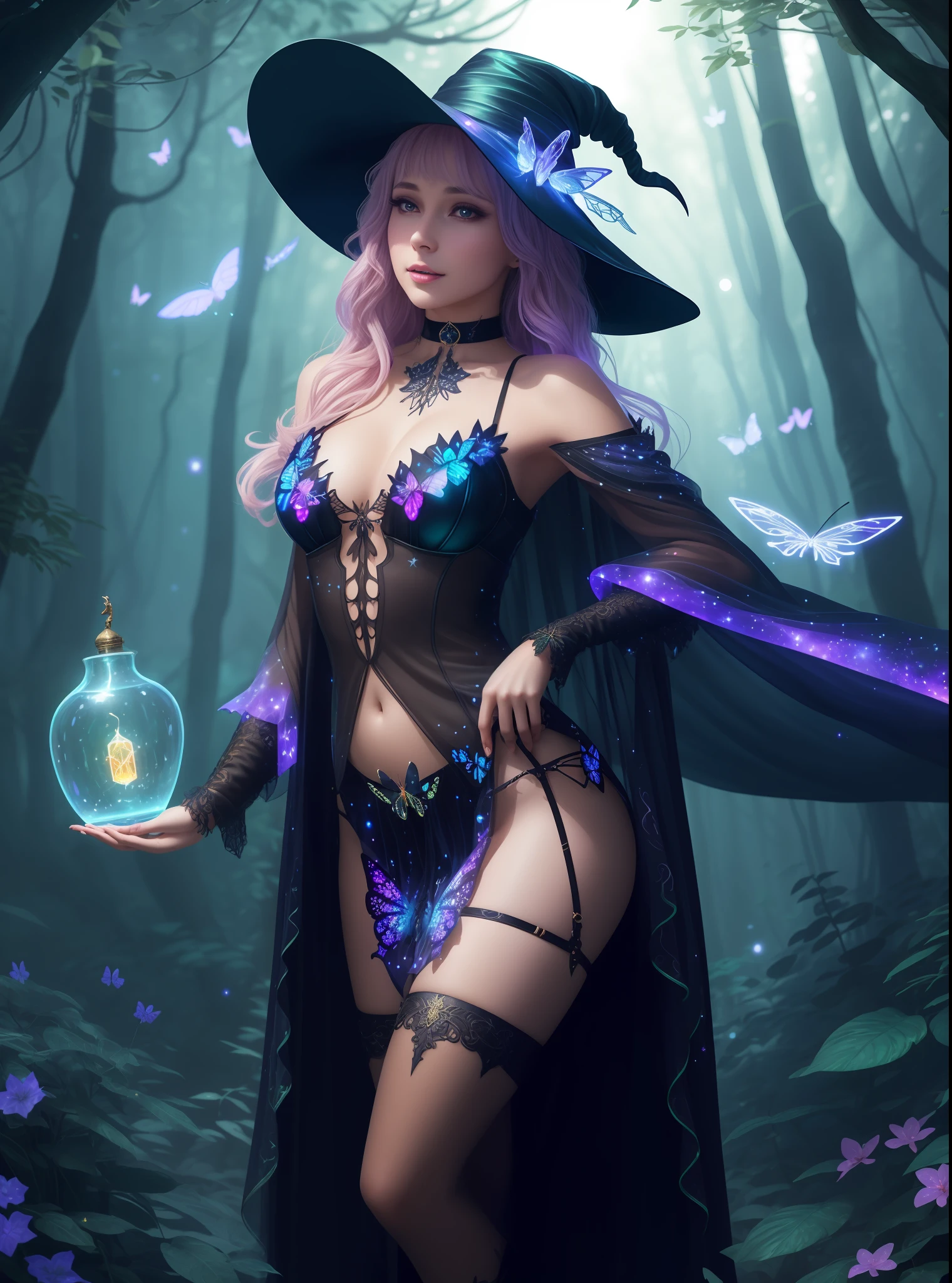 sexy full shot body photo of the most beautiful artwork in the world, illustration, cinematic light, fantasy, highres, highest quallity, ultra detailed, best quality, masterpiece, (detailed face), sexy mature woman wears a shirt and (torn) fullbody (transparent galaxy) cloths coat, floating cloth, choker, glowing (elder underworld fantasy) forest plants with neon details, open shoulders, tiny glowing butterfly, hair jewery, wearing a torn witch hat, (focus on body:1.25), night, small mutated animals in background, torn mini skirt ,a potion on hip, shoulder pads emitting magic energy, cameltoe, dark, light reflection
