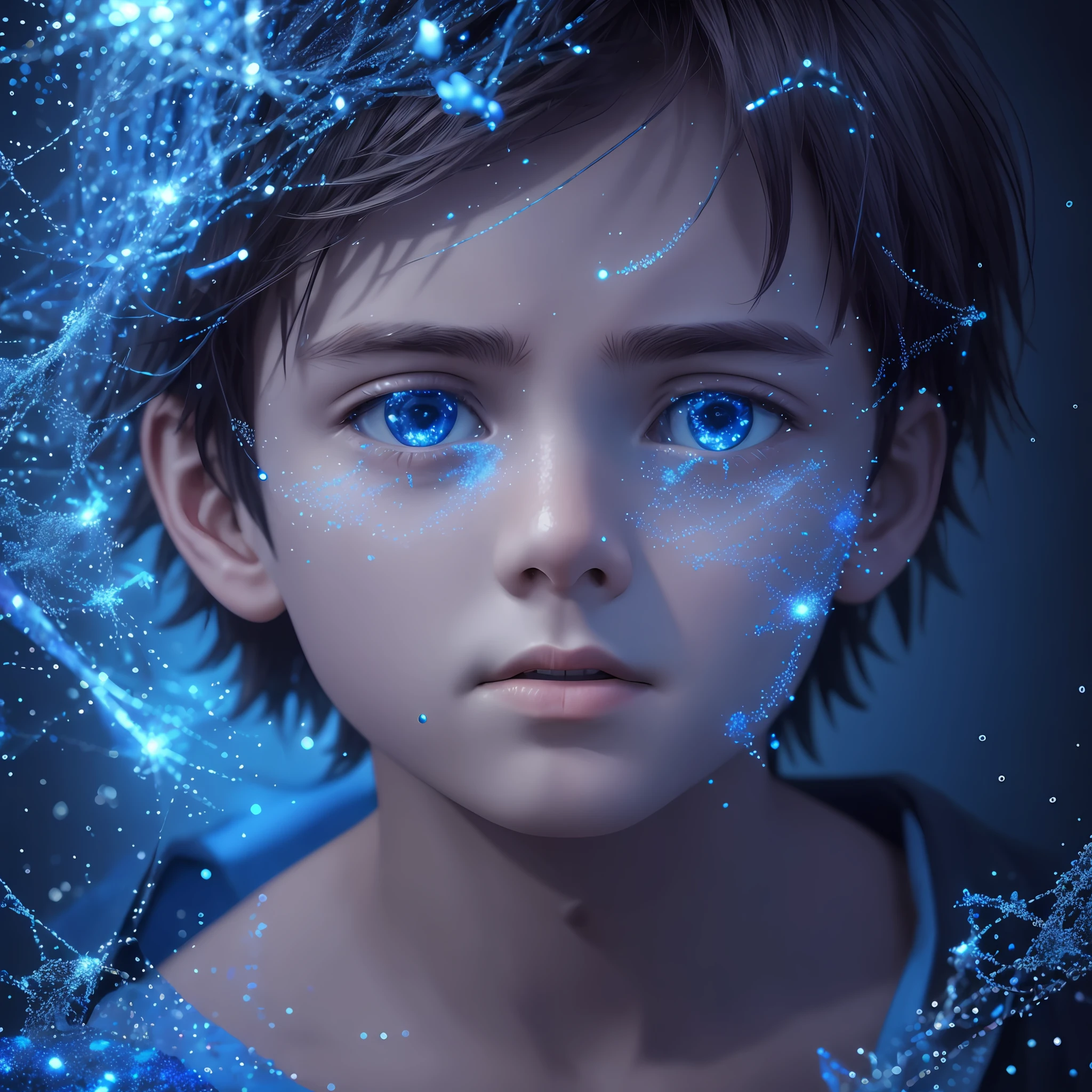 8K rendering, masterpiece, ultra realistic, ultra detailed, boy with a sad look exuding bright blue particles through the dark room --auto --s2