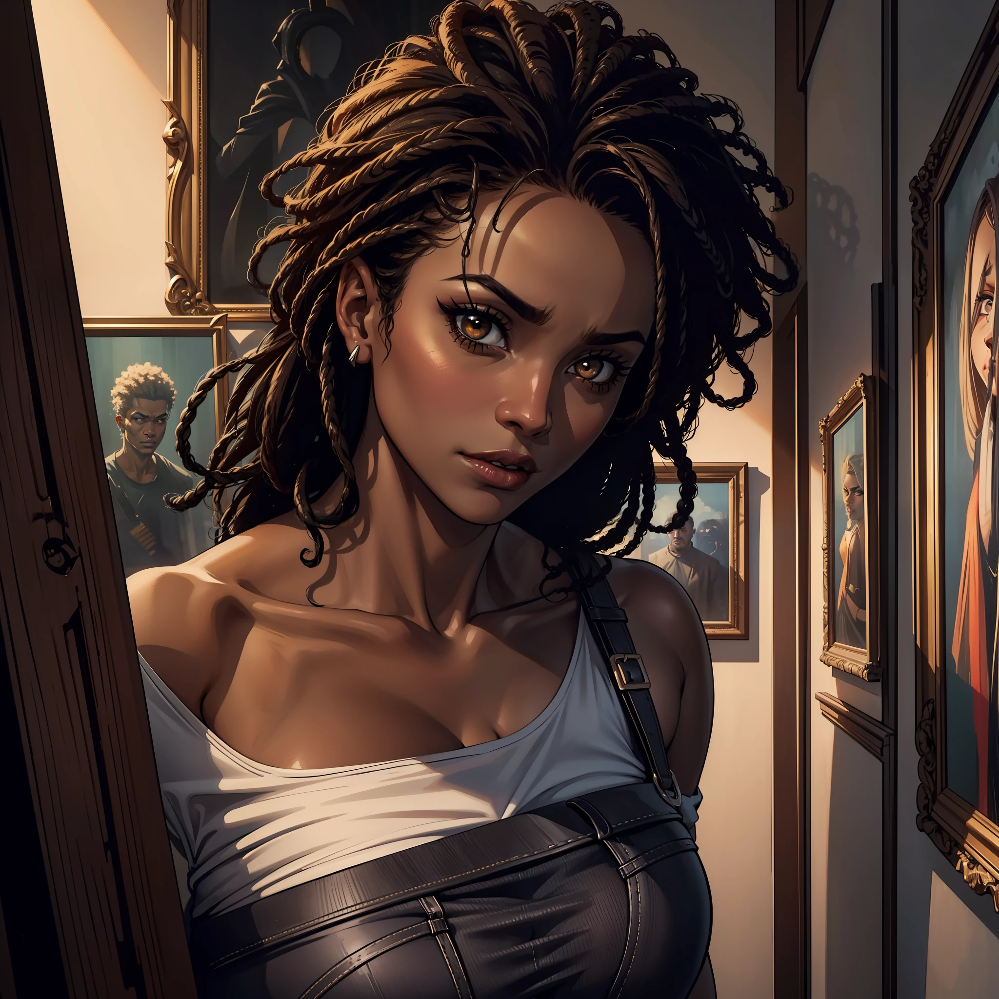 (extremely detailed 8k wallpaper), dark theme, Vampire the Masquerade, modern horror, 2020s, mature black woman, 45 years old, wearing white T-shirt and jeans, sharp focus, (subsuperficial scattering:1.1), award-winning photograph, centered face, Kirby Howell-Baptiste face, half-body photo:1.1, medium afro black hair, light brown eyes:1.2, fleshy lips, expression of seriousness,  inside an art gallery with several paintings around it, dramatic lighting