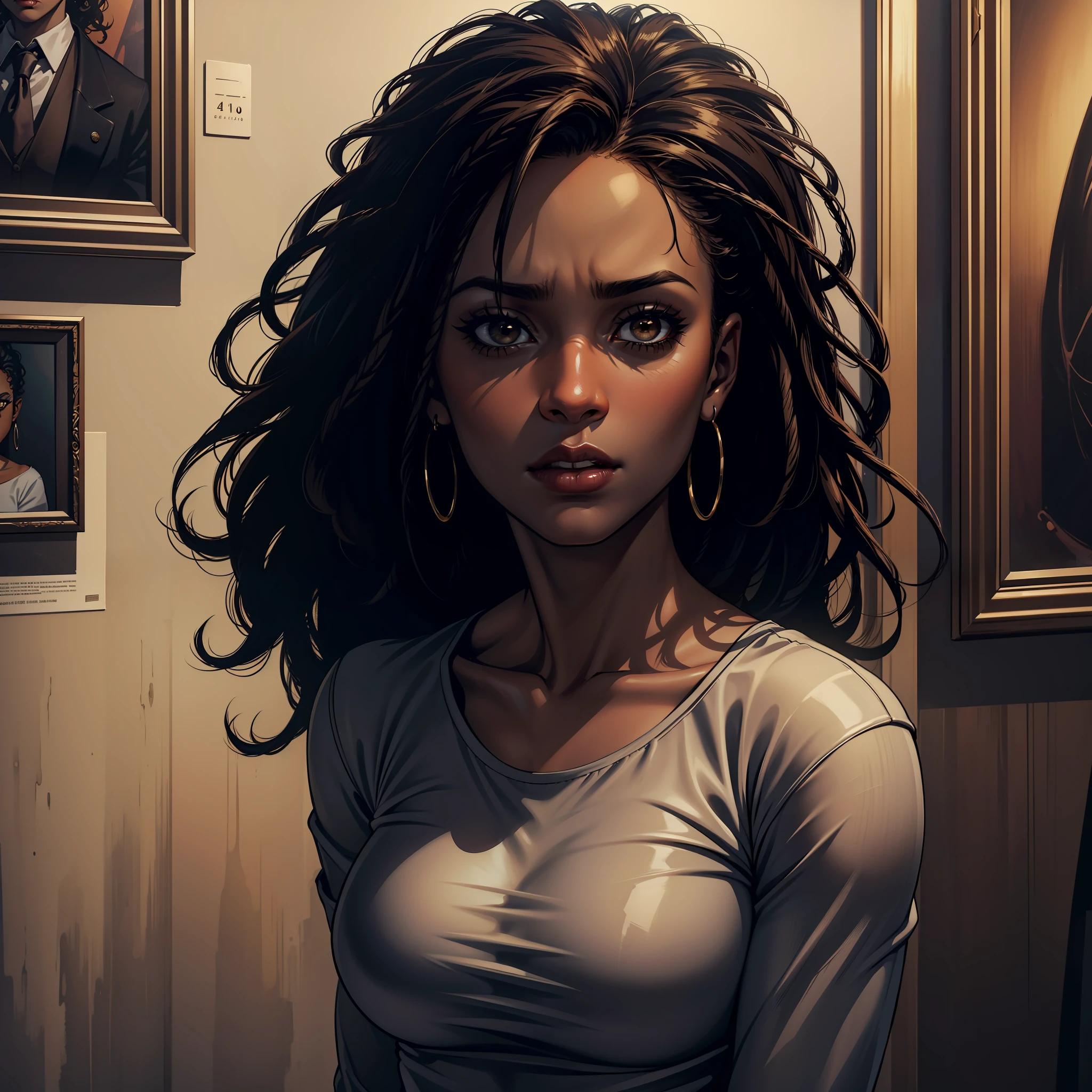 (extremely detailed 8k wallpaper), dark theme, Vampire the Masquerade, modern horror, 2020s, mature black woman, 45 years old, wearing white T-shirt and jeans, sharp focus, (subsuperficial scattering:1.1), award-winning photograph, centered face, Kirby Howell-Baptiste face, half-body photo:1.1, medium afro black hair, light brown eyes:1.2, fleshy lips, expression of seriousness, inside an art gallery with several paintings around it, dramatic lighting