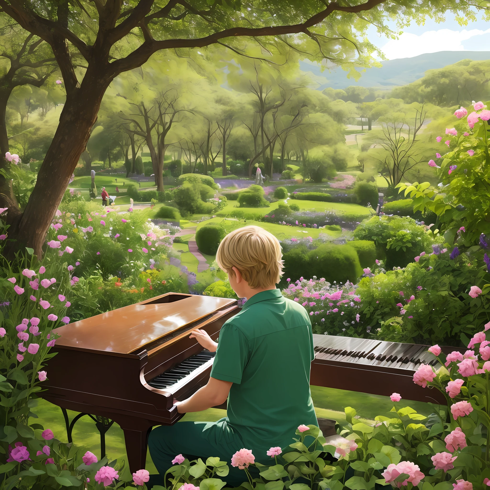 (best quality) A huge garden with many lenten, manacá da serra, many pleromas and a beautiful blond boy playing the piano
