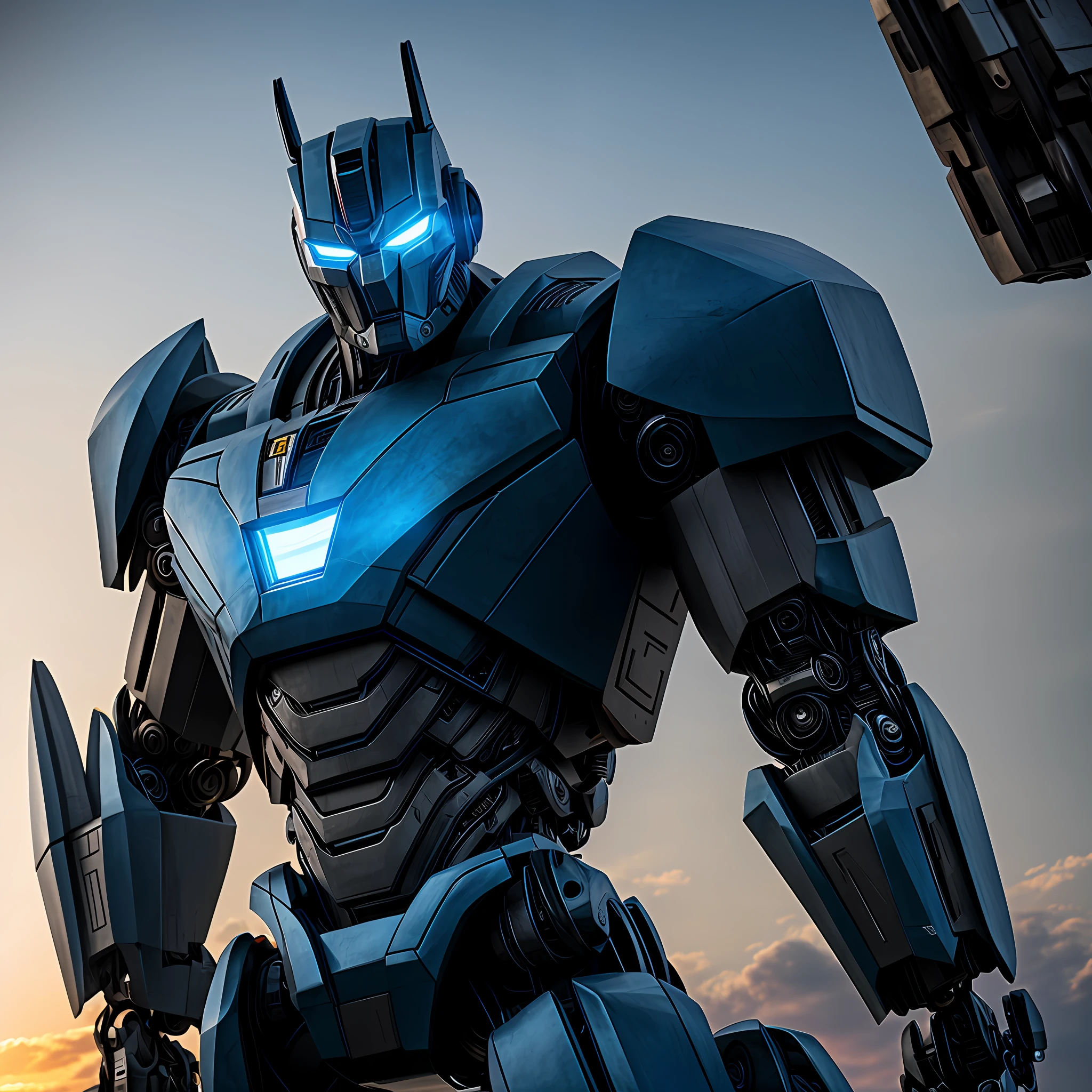 Create a Robot transformers, super detailed, strong and muscular, realistic, black robot, blue eyes, cinematic style, 8k resolution, best quality, similar to the movie transformers, close up.