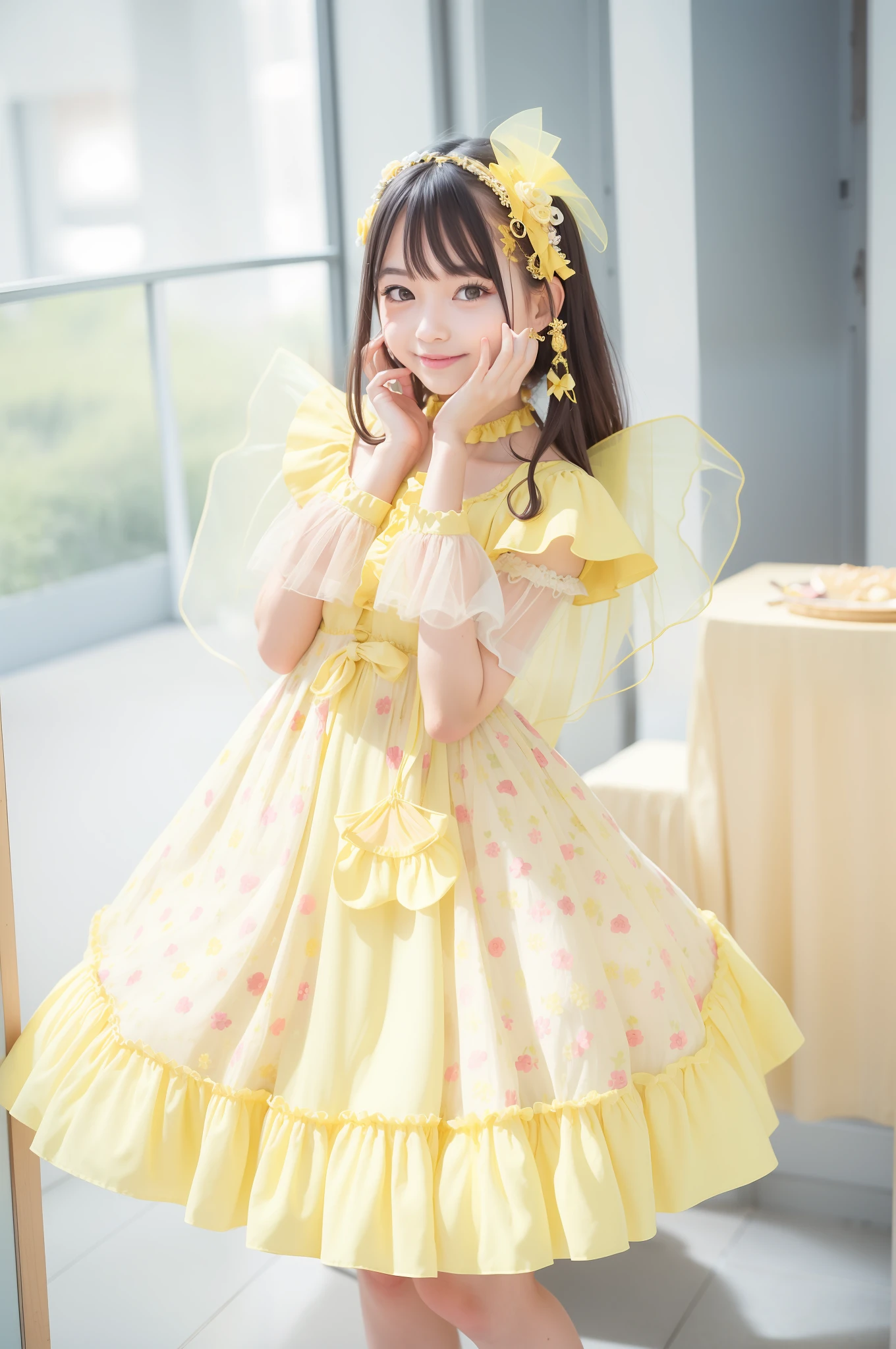 Pretty girl in yellow dress is posing for photo, portrait of magic lolita girl, angelic pretty, lolita fashion, lolita fashion, loli, lolita style, loli in dress, smile!! Fantasy, portrait of radical Lolita girl, yellow glowing magic, wearing wheat yellow gauze, fairy core, smiling