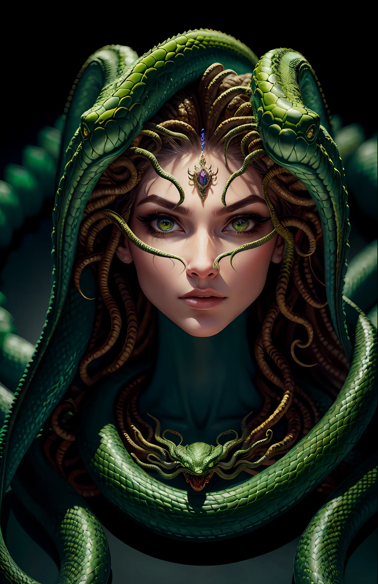 ((best quality)), ((masterpiece)), ((realistic)), Medusa, the body of the snake monster, the human face and upper body, the hair is composed of countless small snakes, green eyes, female face, metal carving tops, regal, trending on artstation, sharp focus, studio photo, intricate details, very detailed, detailed eyes, illustration, very detailed, sharp focus, digital rendering, professional, 4k