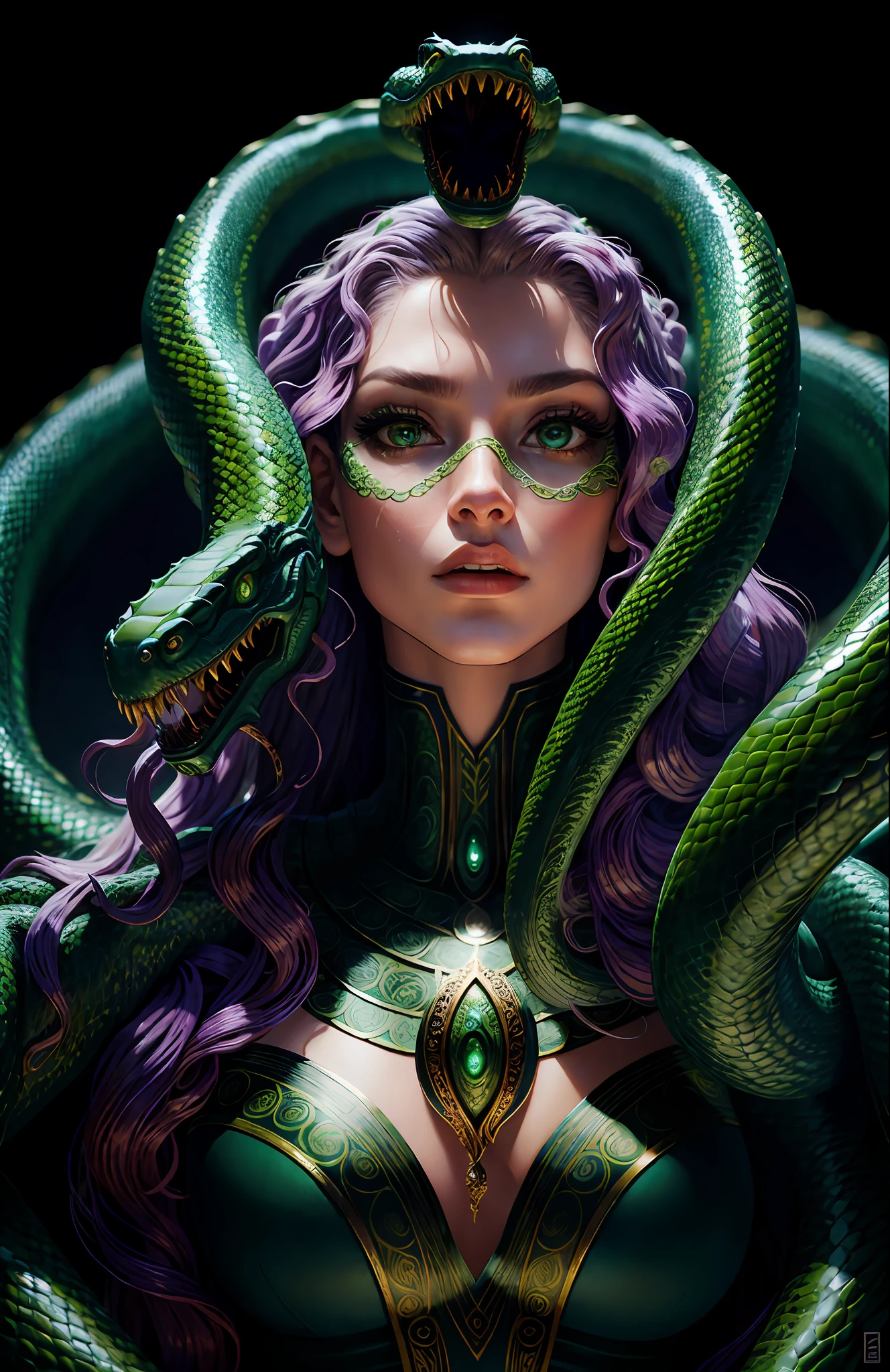 ((best quality)), ((masterpiece)), ((realistic)), Medusa, the body of the snake monster, the human face and upper body, the hair is composed of countless small snakes, green eyes, female face, metal carving tops, regal, trending on artstation, sharp focus, studio photo, intricate details, very detailed, detailed eyes, illustration, very detailed, sharp focus, digital rendering, professional, 4k