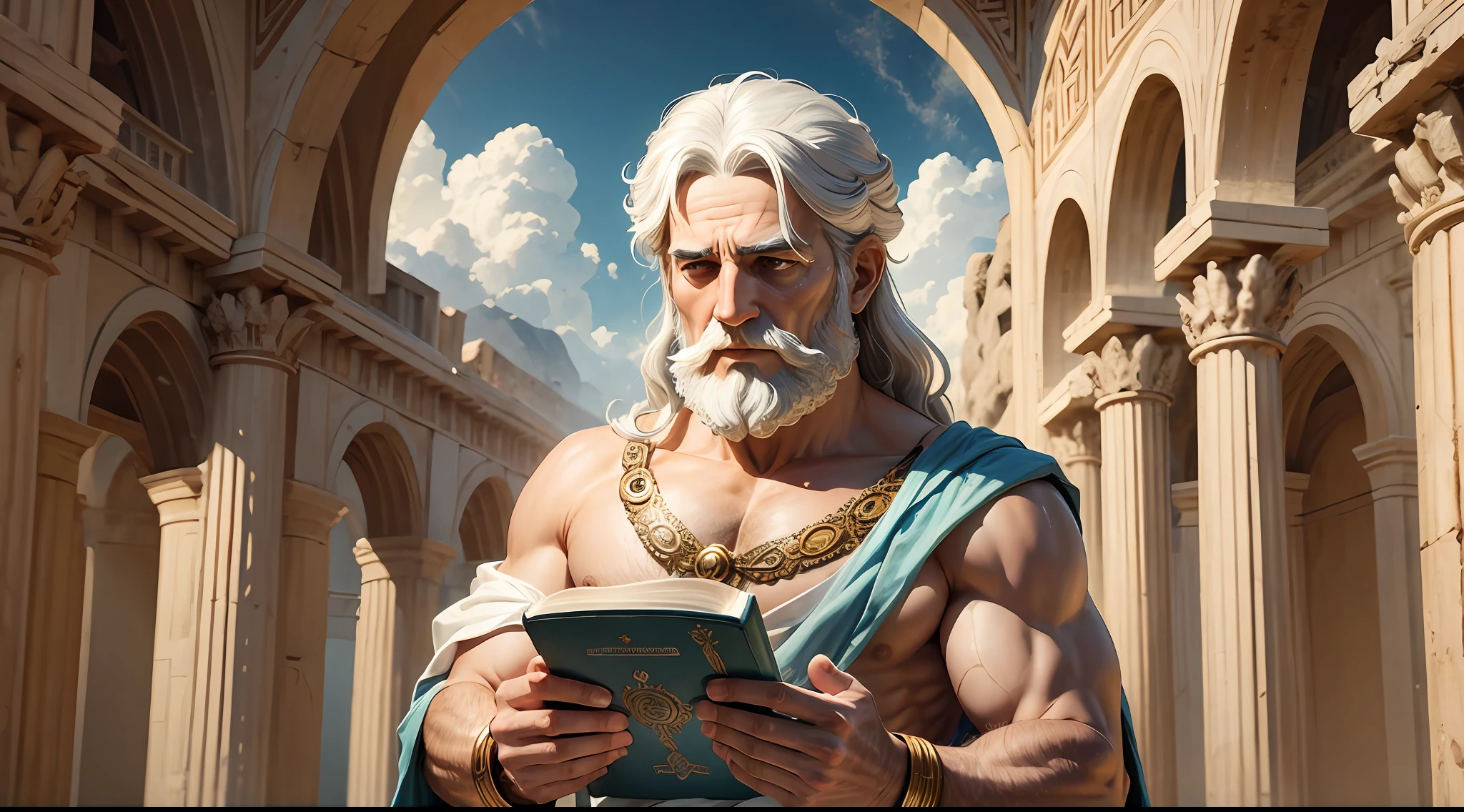 Old Greek god holding a bible, divine scene --auto --s2