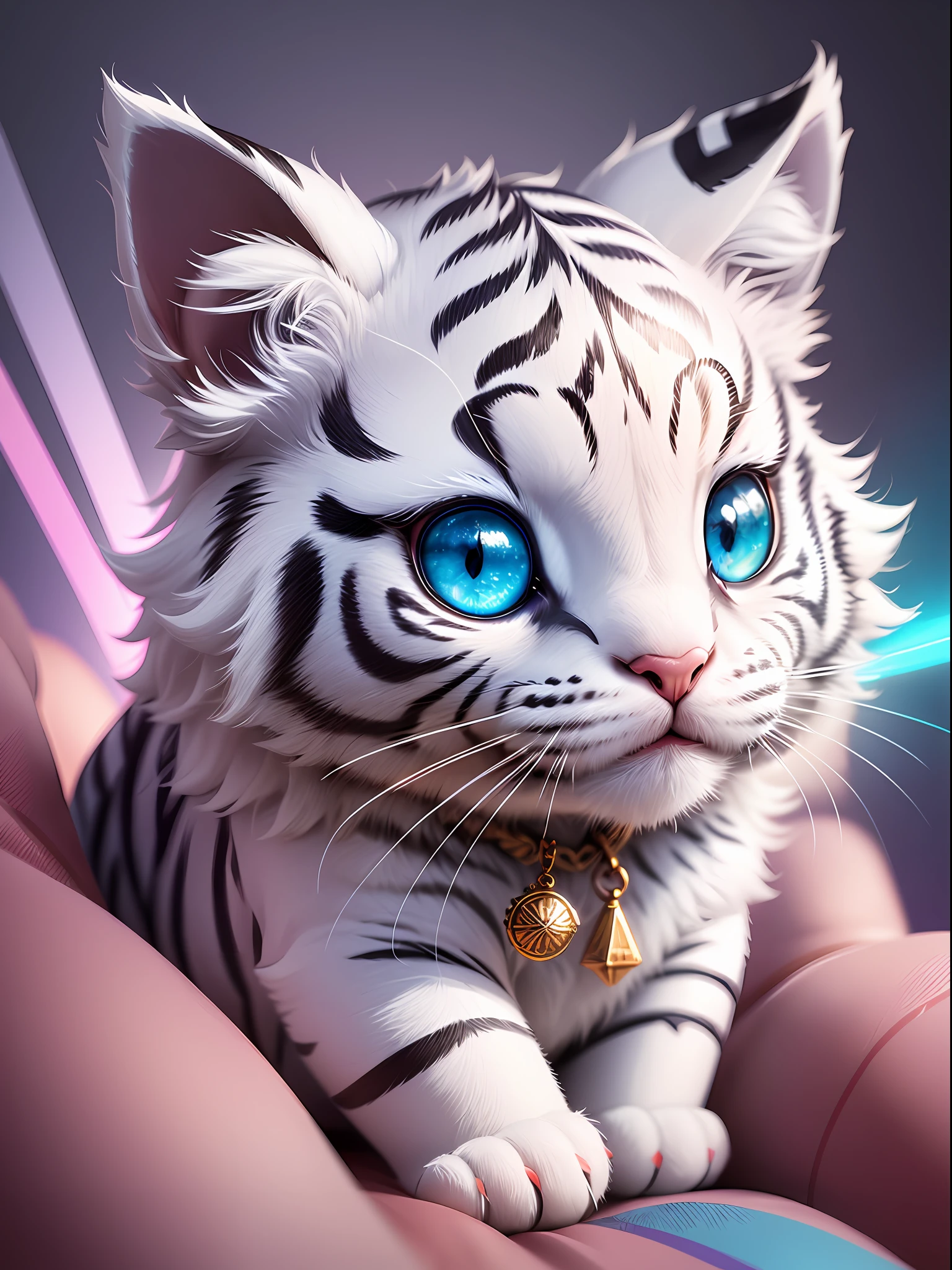 cute tiny hyperrealistic white tiger with different color eyes waring a necklace, Chibi, adorable and fluffy, logo design, cartoon, cinematic lighting effect, charming, 3D vector art, cute and quirky, fantasy art, bokeh, hand-drawn, digital painting, soft lighting, isometric style, 4K resolution, photorealistic rendering, highly detailed clean, vector image, photorealistic masterpiece, professional photography, simple space backdrop, flat white background, isometric, vibrant vector