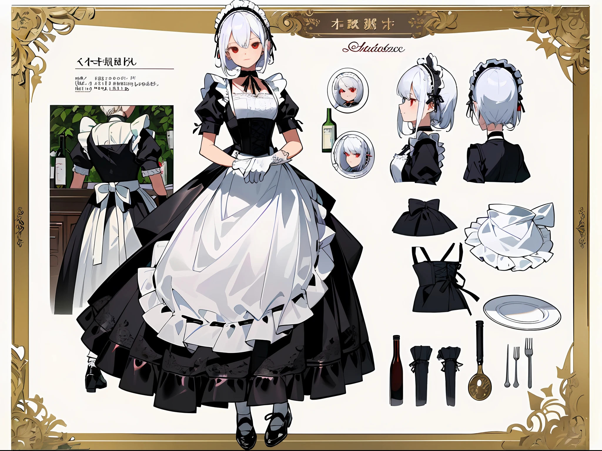 (Masterpiece, best quality) detailed, character sheet, many items (the same person, maid headdress, maid apron, lace choker, black leather shoes, white gloves, plate with wine glass, decoration, many parts), maid, red eyes, perfect face, white hair, bangs, full of details,