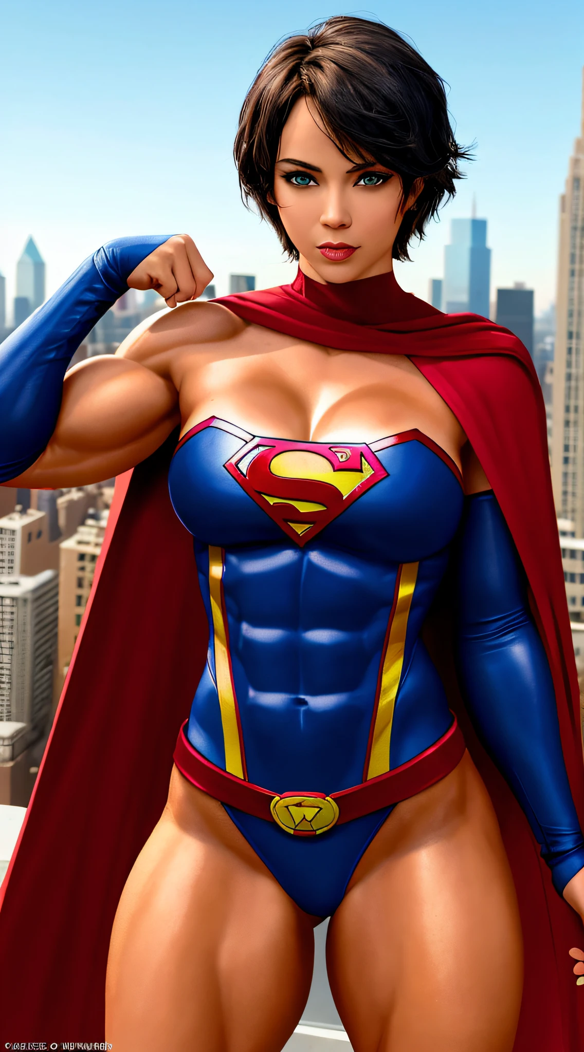 Sasha calle actress as super girl, toned abs, hyper muscular body, hyper protruding muscular arms, large protruding biceps, flex biceps, black pixie Cut short, her costume is a shade of dark blue than previous live-action versions of the character, and features a prominent red "S" symbol on the chest and a red cape, attractive face, perfect eyes, Beautiful eyes in the DC movie, on top of new york building, tanned body.