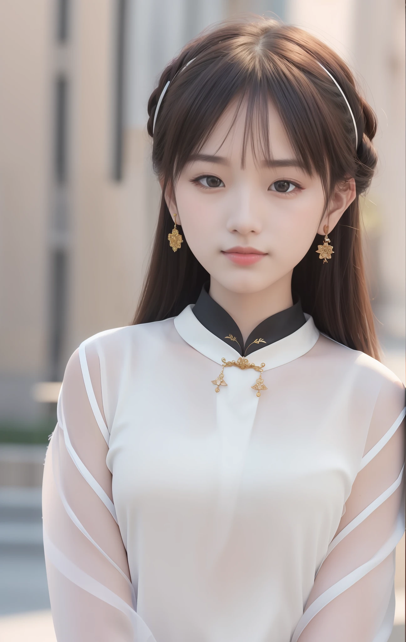 Best Quality, Masterpiece, Hi-Res, One Girl, Cheongsam, Headwear, Necklace, Jewelry, Beautiful Face, upon_body, Tyndall Effect, Photorealistic, Dark Studio, Rim Lighting, Two-Tone Lighting, (High Definition Skin: 1.2), 8k uhd, dslr, soft lighting, high quality, volumetric lighting, candid, photography, high resolution, 4k, 8k, bokeh,