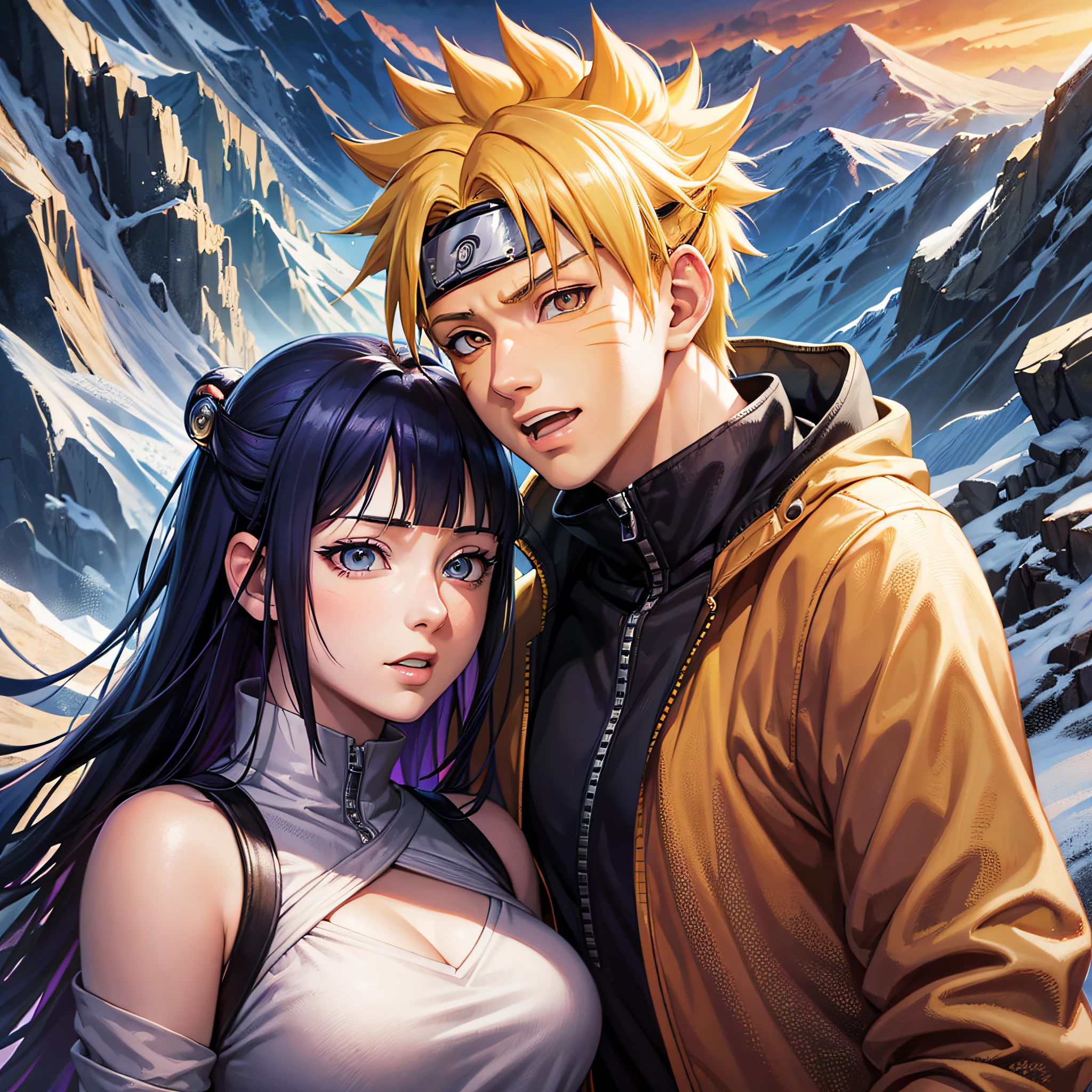 masterpiece, best quality, dramatic lighting, vibrant colors, naruto uzumaki and hinata hyuga, mountain, couple, romantic mood, intricate 8k, top quality, detailed face, detailed mouth, high quality,hyper detailed eyes