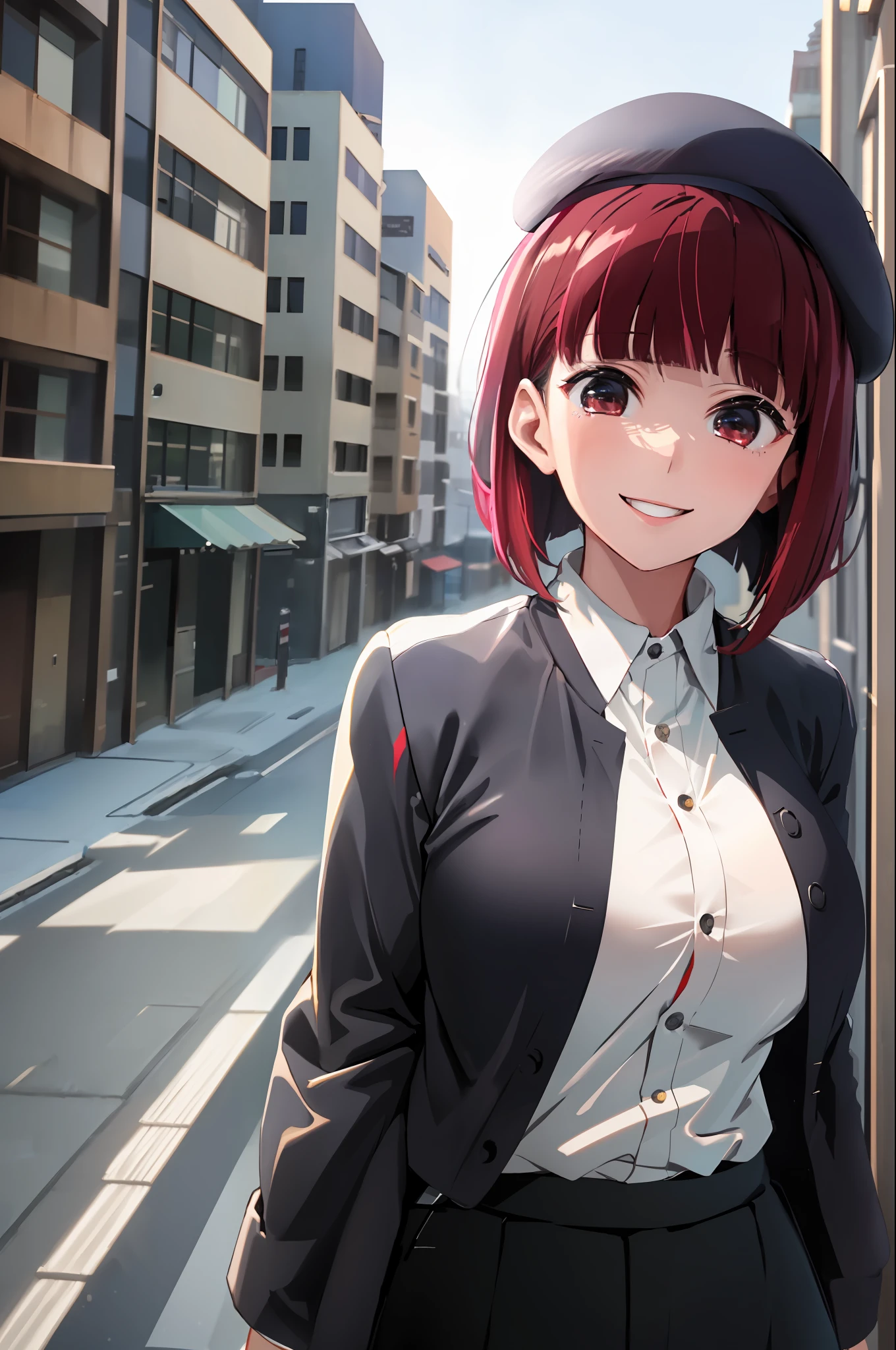 (Masterpiece, Best Quality, High Definition), Kana Arima (Oshinoko), Black Beret, (White Shirt), Red Necti, Long Sleeve, black_headwear, Solo, Shirt Smile Big Tits Big Breasts Three-point perspective