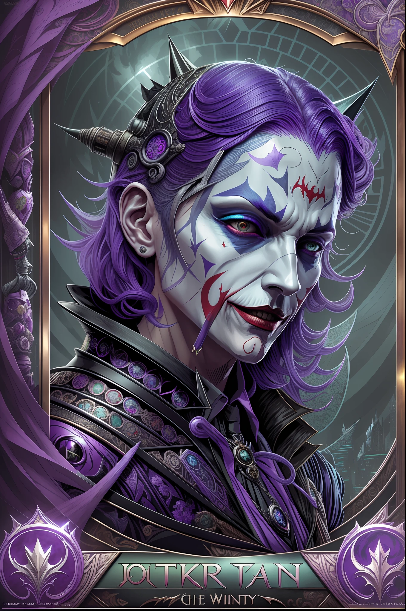 Joker fusion Batman Gothic Tarot Card with Intricate Detailed Frame Around the Exterior |cyberpunk head portrait with jester's hat | Cyberpunk | stylized in Art Nouveau | insanely detailed | Ornaments | High Definition | concept art | digital art | vibrant