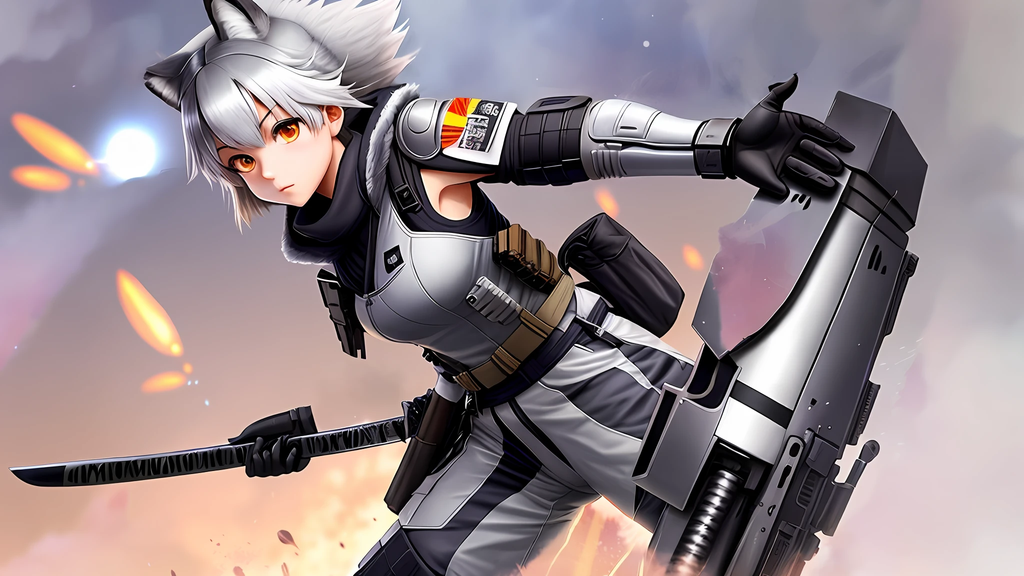 Silver Fox, Kemono Friends, katana, tactical suit, pistol in left hand