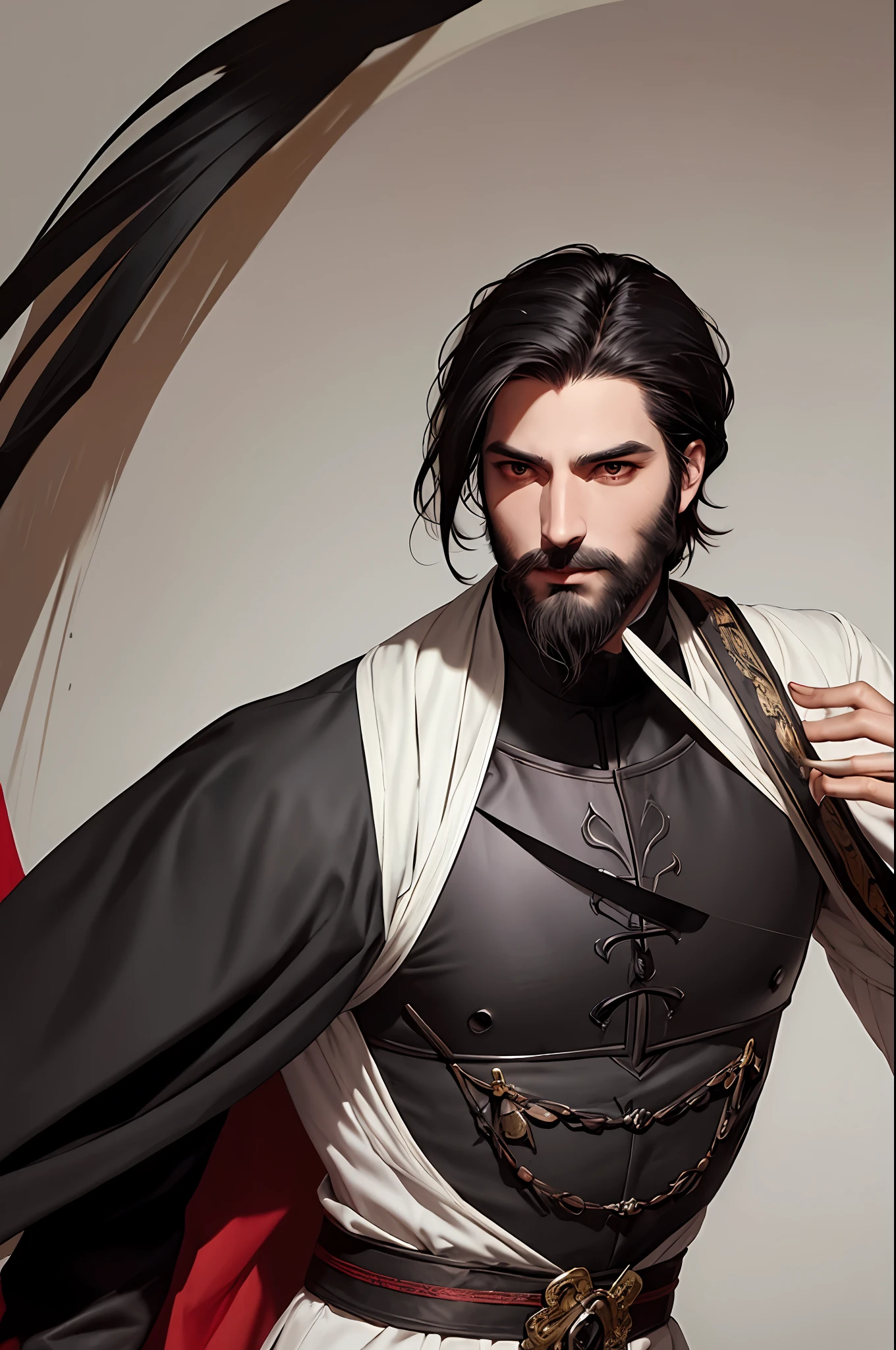 Beautiful man, tall, short black hair, thin beard, red eyes, wine-colored lips, with a sword, wearing clothes of a nobleman and a crow mask with an expression that desires revenge