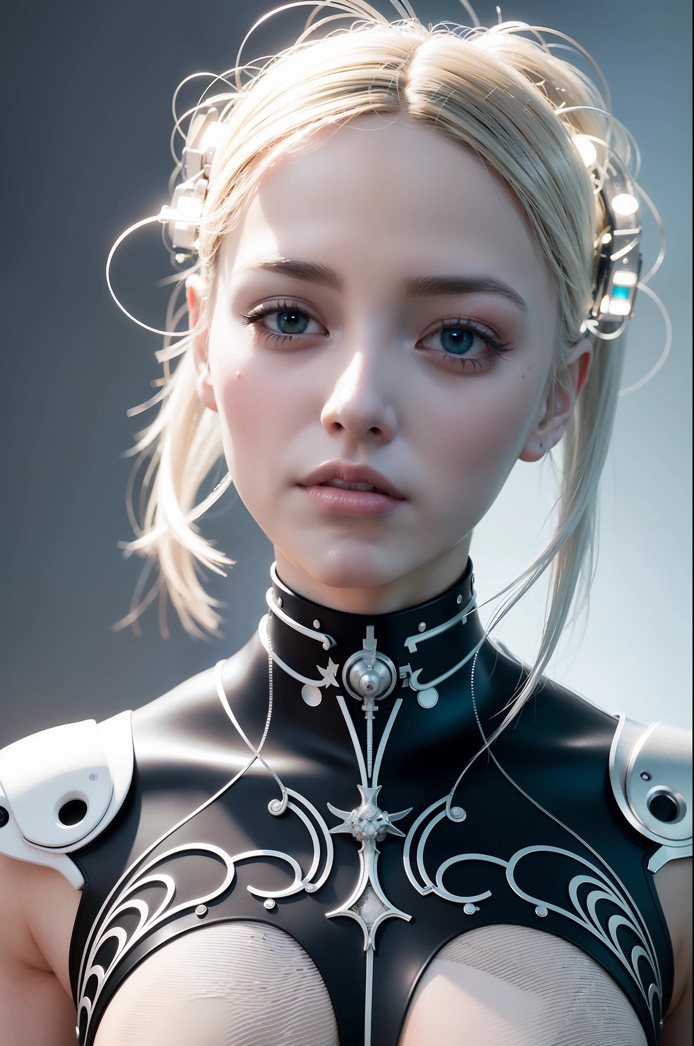 Complex 3d rendering super detail beauty android face, cyborg, robot parts, black metal mesh skin, worn whitewashed steel skin, 150mm lens, beautiful studio light, rim light, vivid details, gorgeous cyberpunk, lace, hyperrealistic, anatomical, facial muscle, cable wire, microchip, Top quality, masterpiece, very delicate and beautiful, very elaborate, CG, unity, wallpaper, (lifelike, photorealistic: 1.37), wonderful, fine, masterpiece, top quality, official art, very elaborate CG Unity wallpaper, robot, full body, standing