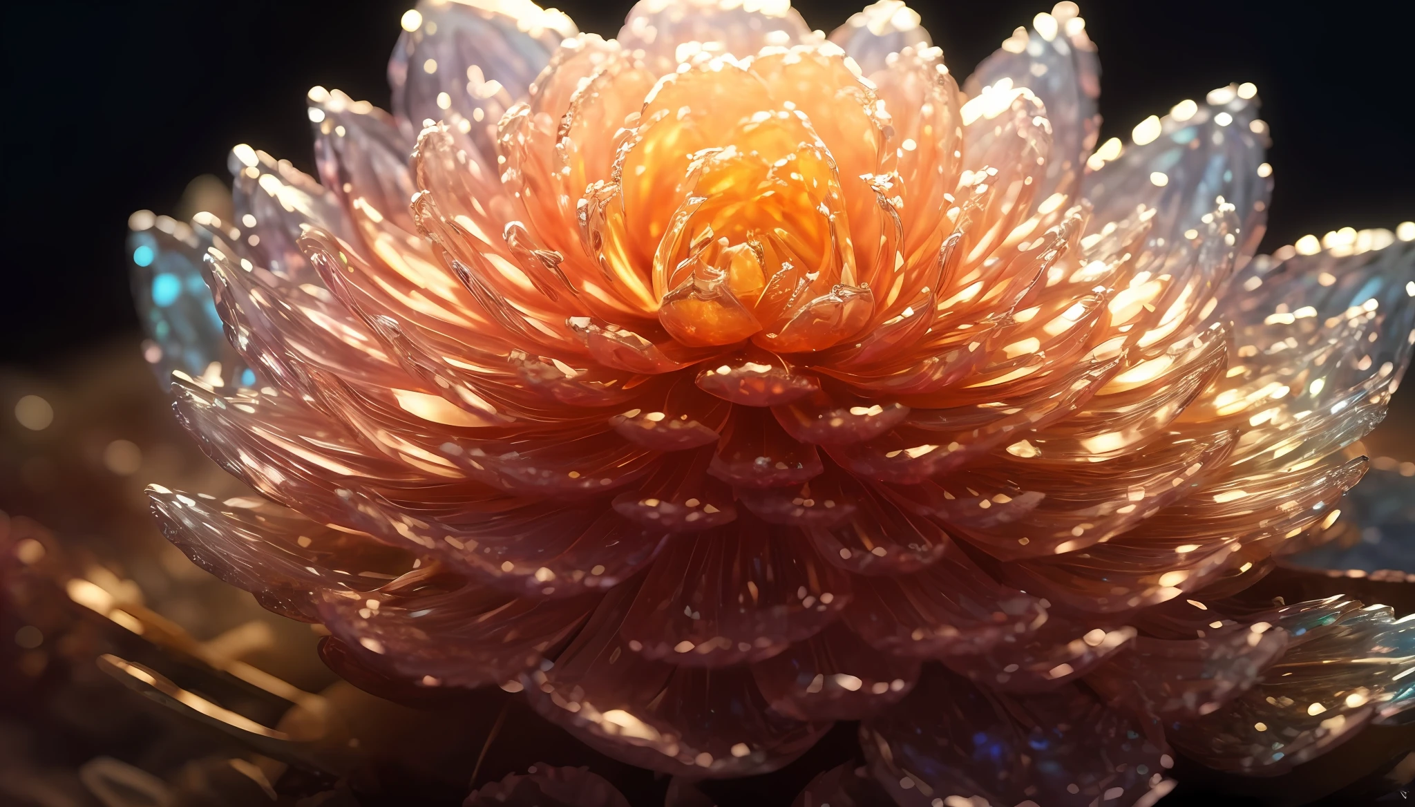 crystal blossom flower,
fantasy, galaxy, transparent, 
shimmering, sparkling, splendid, colorful, 
magical photography, dramatic lighting, photo realism, ultra-detailed, 4k, Depth of field, High-resolution