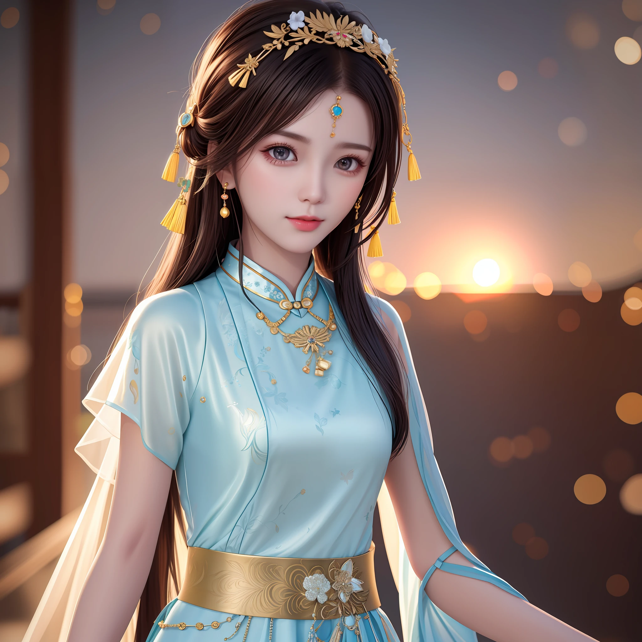 Best Quality, Masterpiece, Hi-Res, One Girl, Cheongsam, Headwear, Necklace, Jewelry, Beautiful Face, upon_body, Tyndall Effect, Photorealistic, Dark Studio, Rim Lighting, Two-Tone Lighting, (High Definition Skin: 1.2), 8k uhd, dslr, soft lighting, high quality, volumetric lighting, candid, photography, high resolution, 4k, 8k, bokeh,