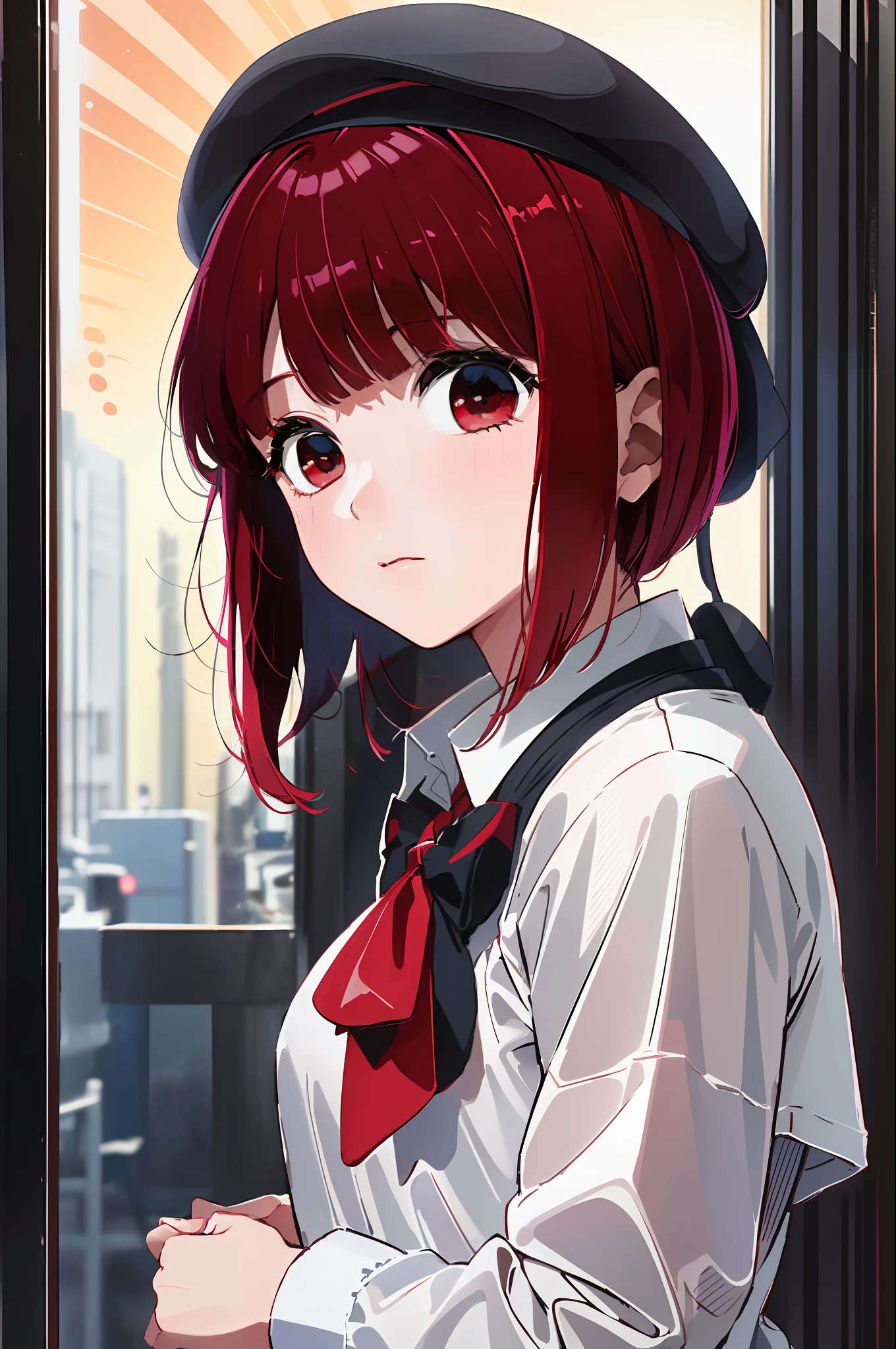 (masterpiece, top quality, high definition), (big) Kana Arima (Oshinoko), Black Beret, (White Shirt), Red Necti, Long Sleeve, black_headwear, Solo, upper_body, Shirt Upper eyes