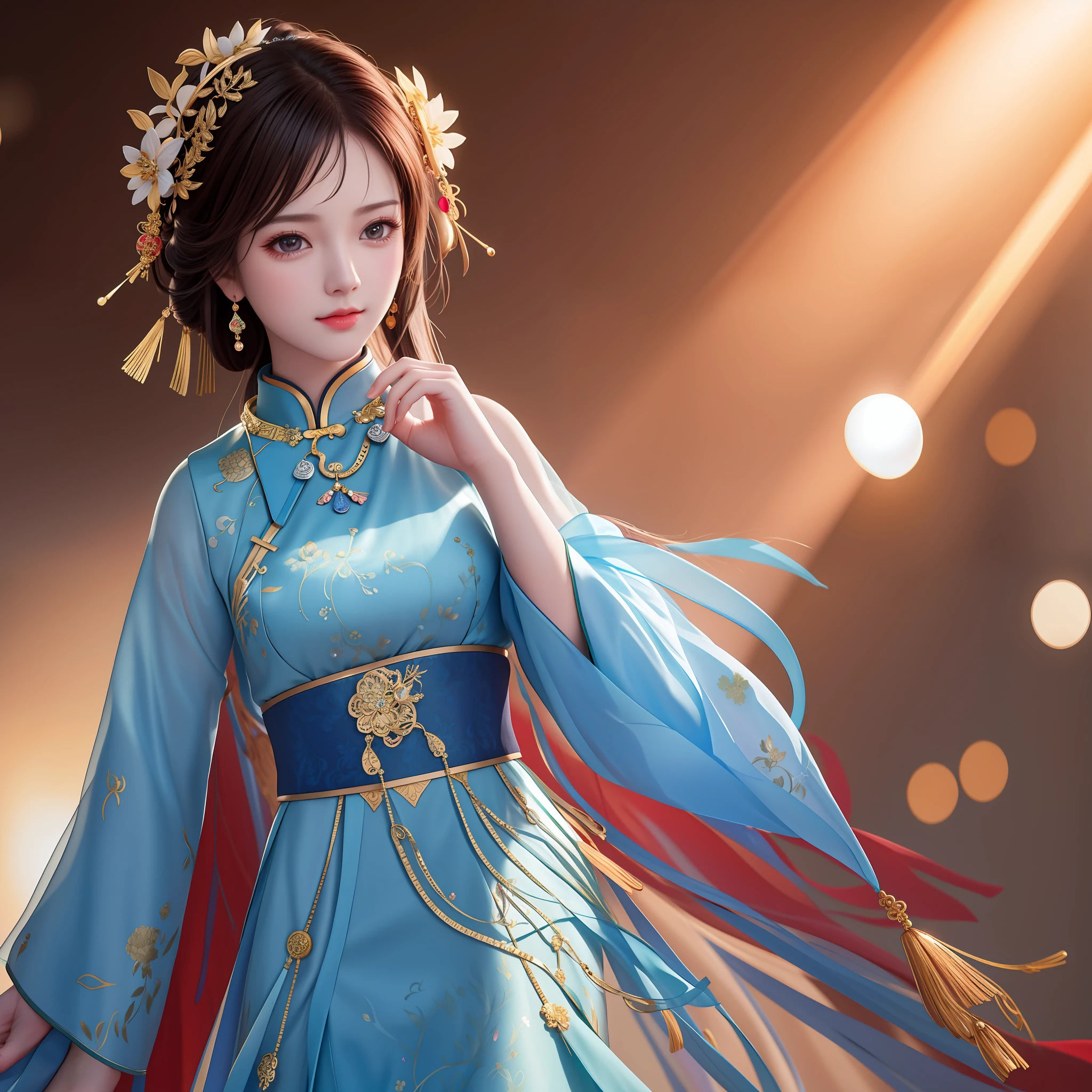 Best Quality, Masterpiece, Hi-Res, One Girl, Cheongsam, Headwear, Necklace, Jewelry, Beautiful Face, upon_body, Tyndall Effect, Photorealistic, Dark Studio, Rim Lighting, Two-Tone Lighting, (High Definition Skin: 1.2), 8k uhd, dslr, soft lighting, high quality, volumetric lighting, candid, photography, high resolution, 4k, 8k, bokeh,