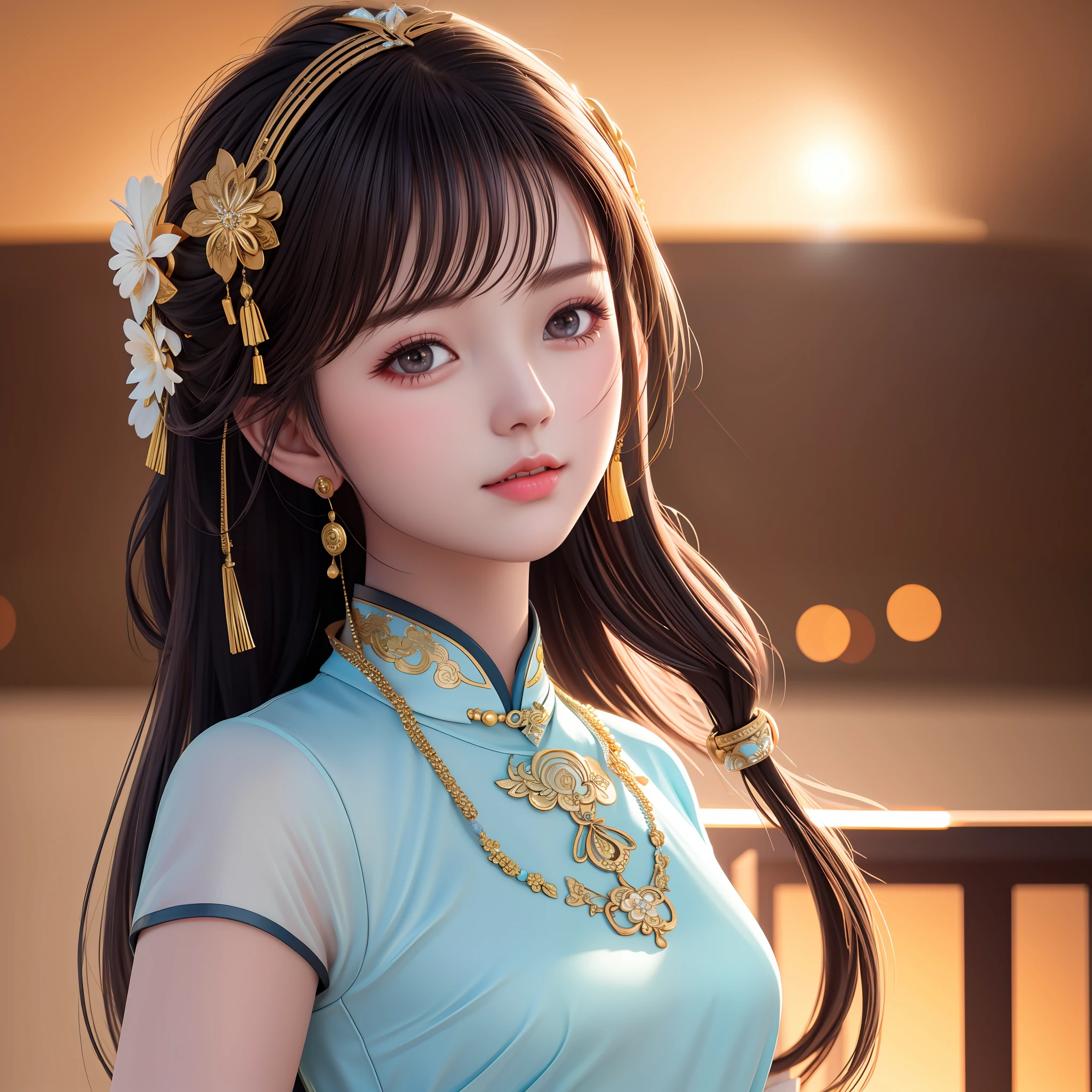 Best Quality, Masterpiece, Hi-Res, One Girl, Cheongsam, Headwear, Necklace, Jewelry, Beautiful Face, upon_body, Tyndall Effect, Photorealistic, Dark Studio, Rim Lighting, Two-Tone Lighting, (High Definition Skin: 1.2), 8k uhd, dslr, soft lighting, high quality, volumetric lighting, candid, photography, high resolution, 4k, 8k, bokeh,