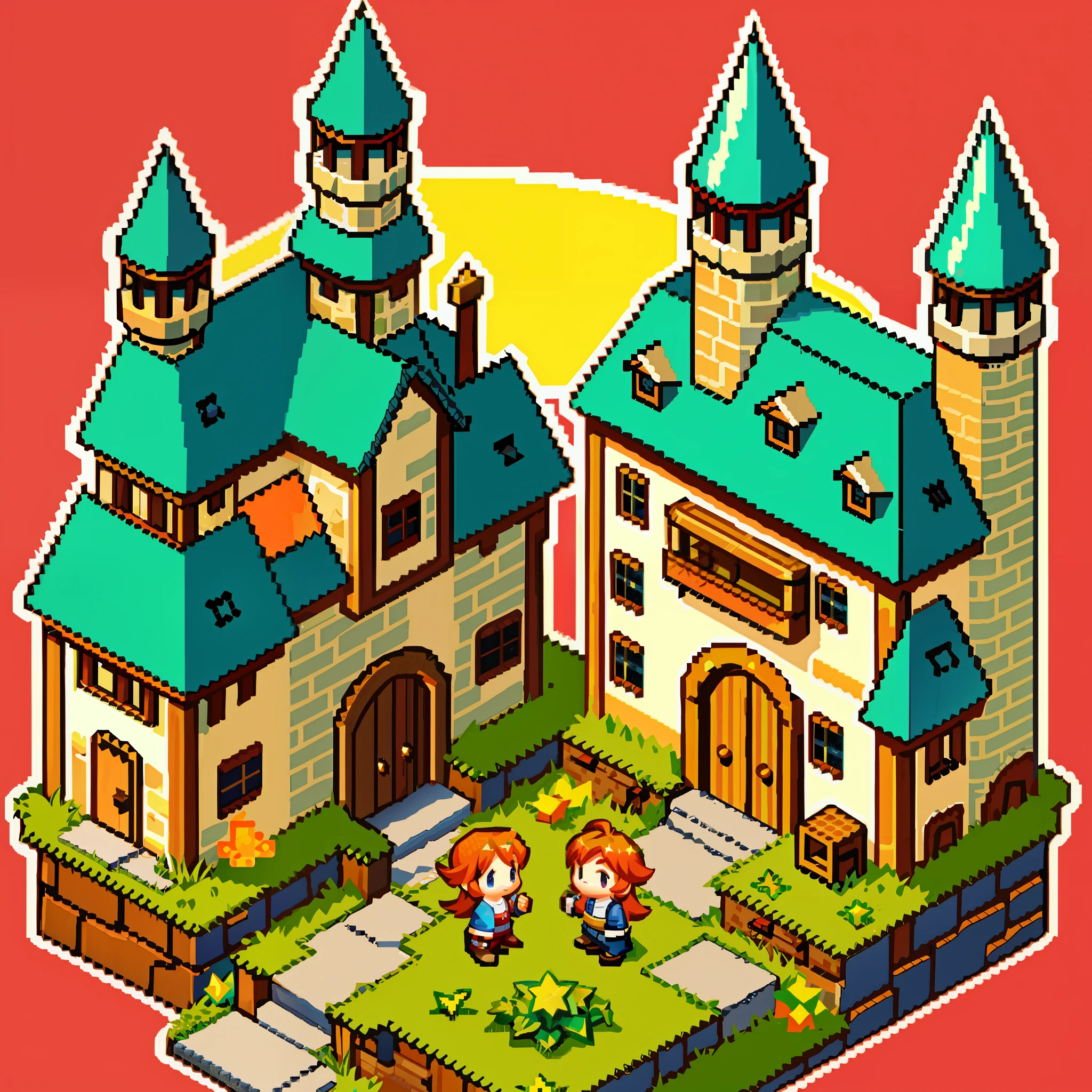 A castle pixel art, cute, warm and comfortable, Nintendo, Pokemon, Star Valley, Harvest Moon, Animal Crossing, simple background,