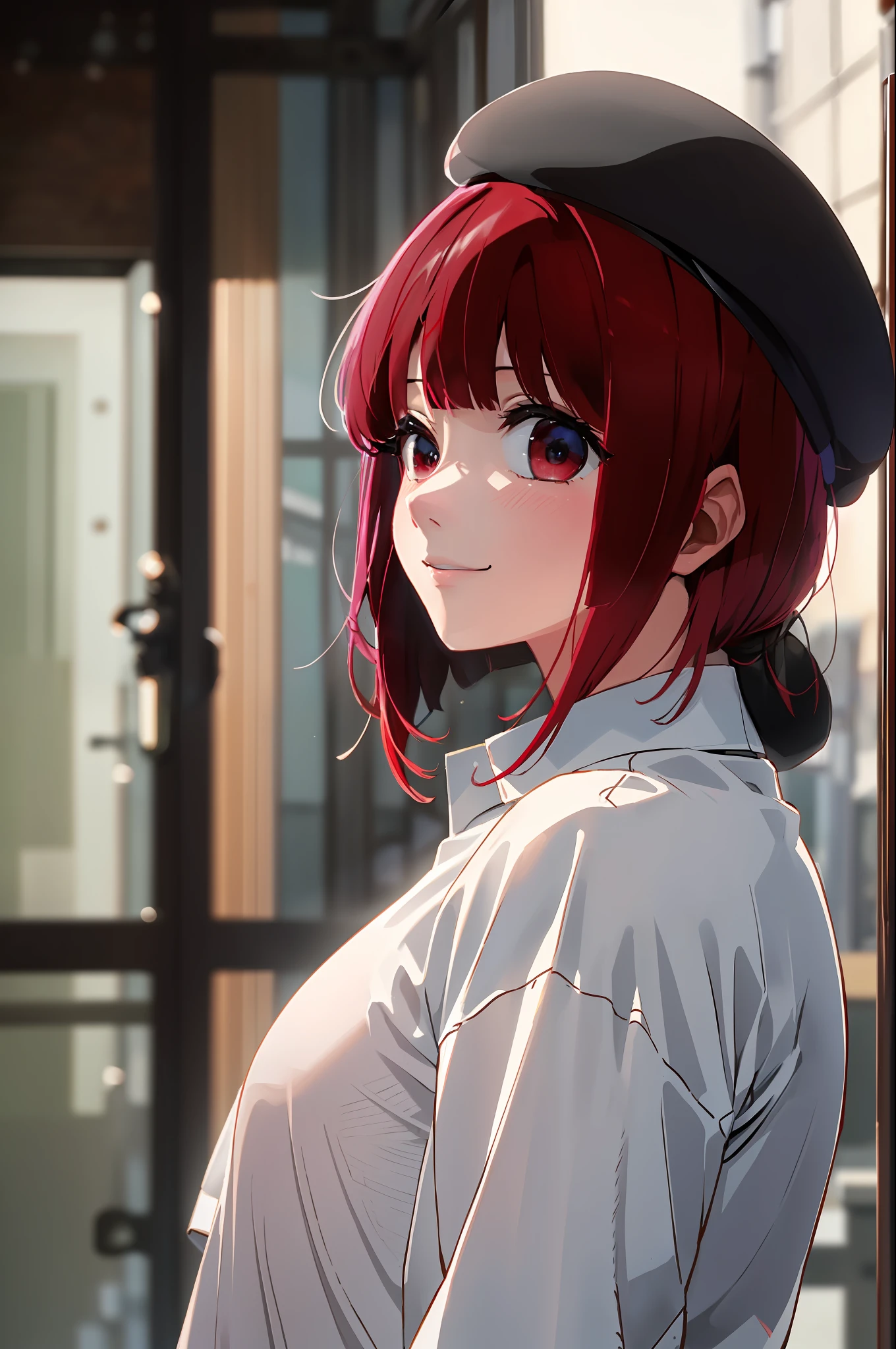 (masterpiece, highest quality, high definition), Kana Arima (Oshinoko), Black Beret, (White Shirt), Red Necti, Long Sleeve, black_headwear, Solo, upper_body, Shirt Smile