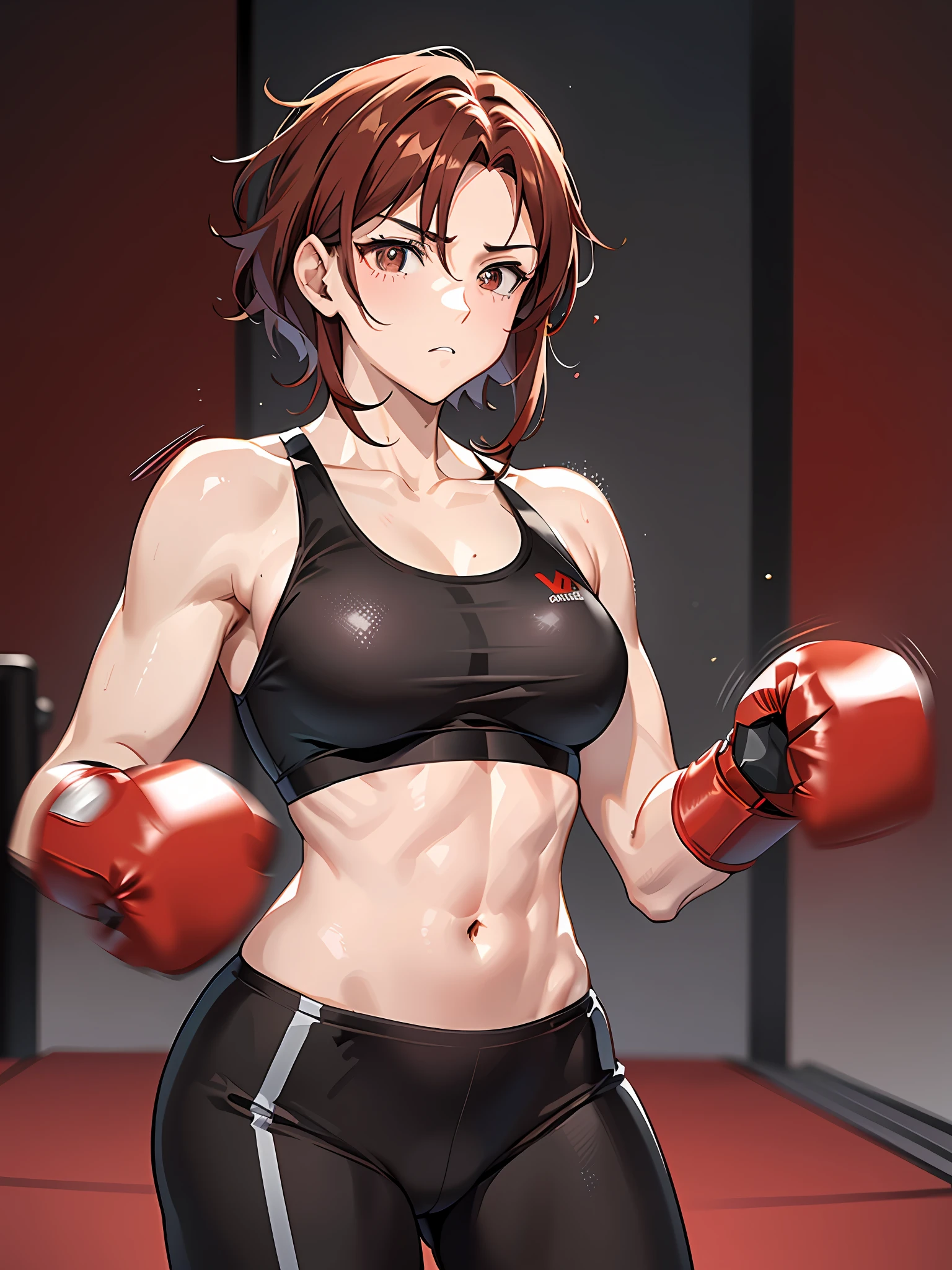 Mature boxer. Her hair color is reddish brown. Shortcut. He's wearing red boxing gloves. Wearing a black sports bra. Calm look. Muscle. One woman. Ready for battle. Make a fist. Well-shaped boxing gloves