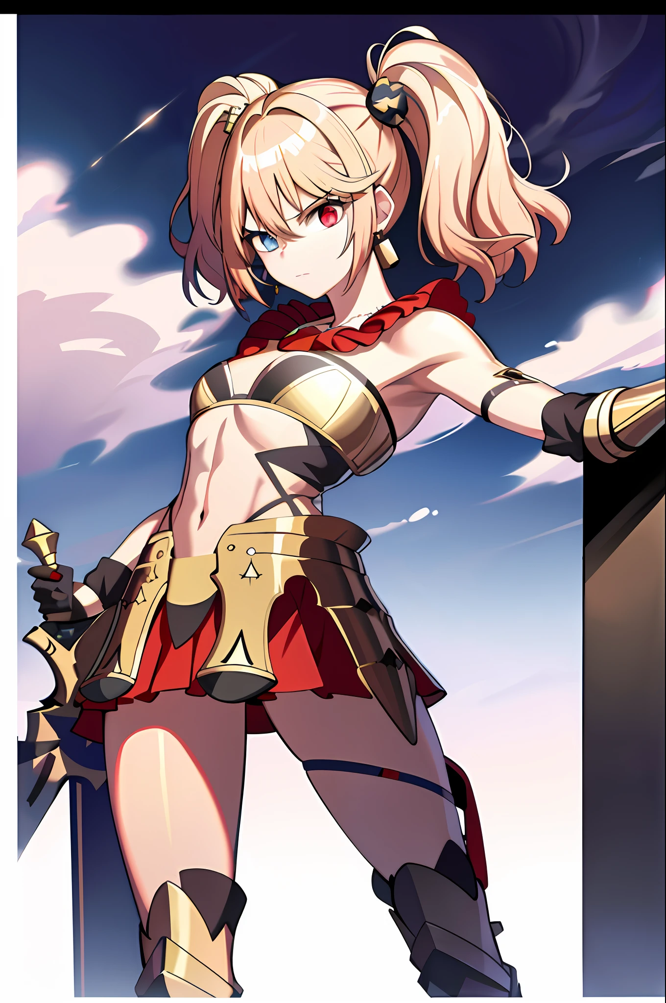 realistic, (masterpiece, top quality, best quality, official art, beautiful and aesthetic:1.2), extremely detailed,(1girl:1.3),cowboy shot,(looking at viewer),(holding single weapon:1.3),holding EA, Holding Sword of Rapture, pointing weapon at sky, from middle,black background,(night:1.2),
filmg, amused expression, JunkoenoshimaTopless, solo, and long, thick, bleached strawberry-blonde hair tied in two twin pigtails, (heterochromia light blue and red eyes:1.2), 1girl, jewelry, standing, earrings, necklace, armor, tattoo, topless, Gold armor, shirtless, gold clingon bra, single gold gauntlet,shoulder armor,elbow gloves, shoulder armor, gold cardigan over a red dress shirt, with both left open to the third button to expose the top of her gold-and-red bra, a red pleated miniskirt that is cut extremely short, and mid-sized gold and black boots with platform heels and red laces, standing, full body portrait