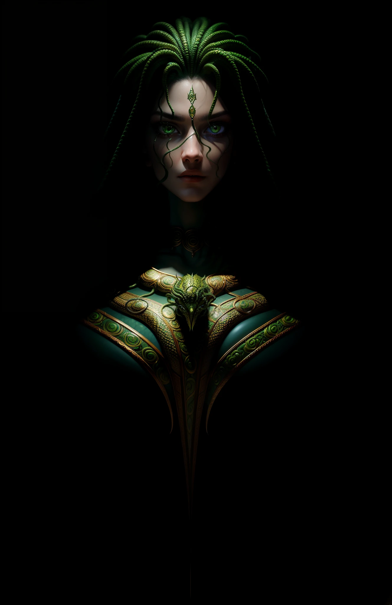 ((best quality)), ((masterpiece)), ((realistic)), Medusa, full body, the hair is composed of countless small snakes, green eyes, female face, metal carved top, royal aura, trend on artstation , sharp focus, studio photo, intricate detail, very detailed, detailed eye, illustration, very detailed, sharp focus, digital render, professional, 4k