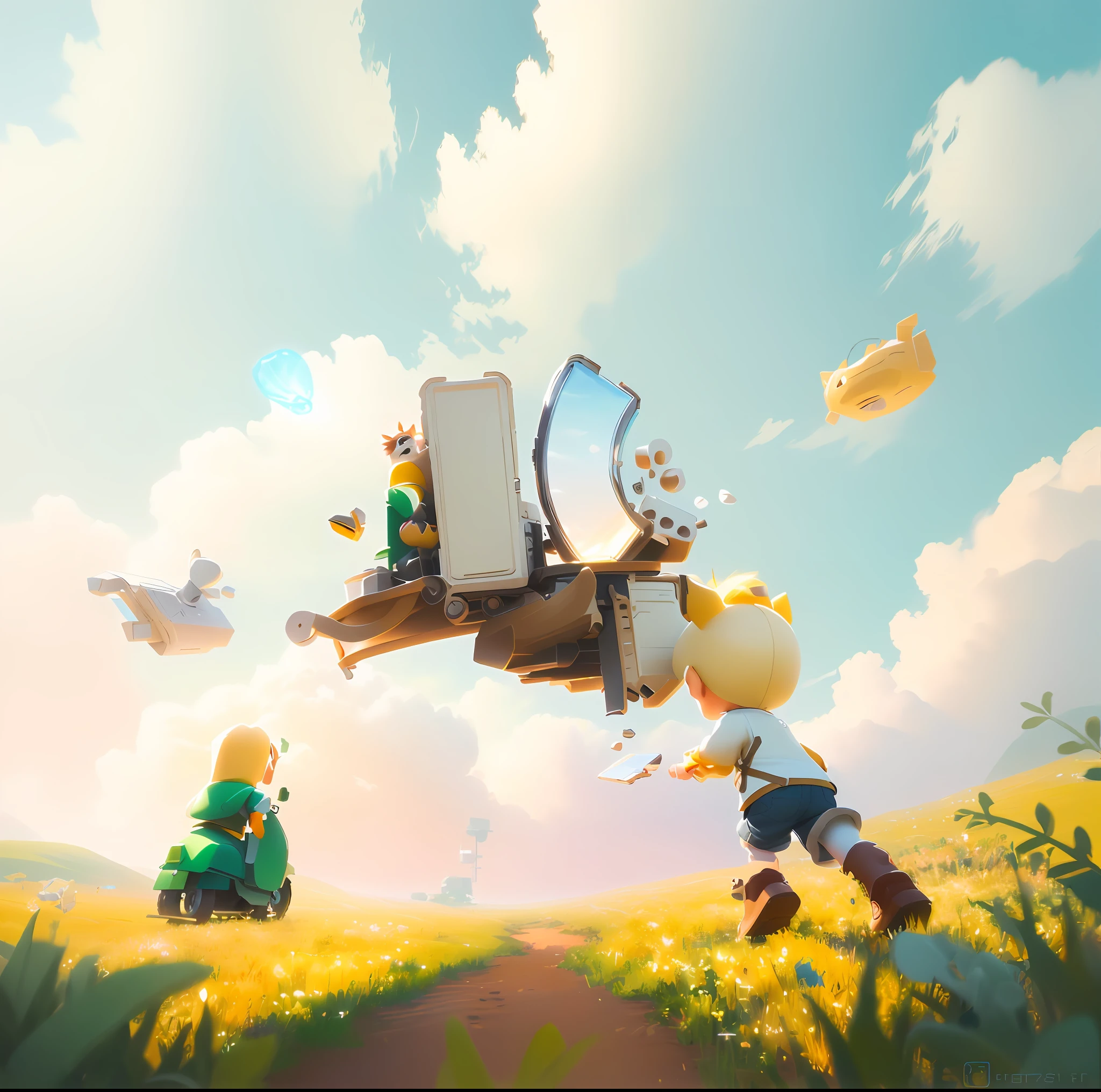 a close up of a cartoon character holding a box in a field, childrens art in artstation, official illustration, dreamy illustration, official artwork, key art, official render, blurry and dreamy illustration, mobile game art, !dream concept art, official fanart, promotional art, 8 k cartoon illustration, game art, blurred and dreamy illustration, game key art, game illustration
