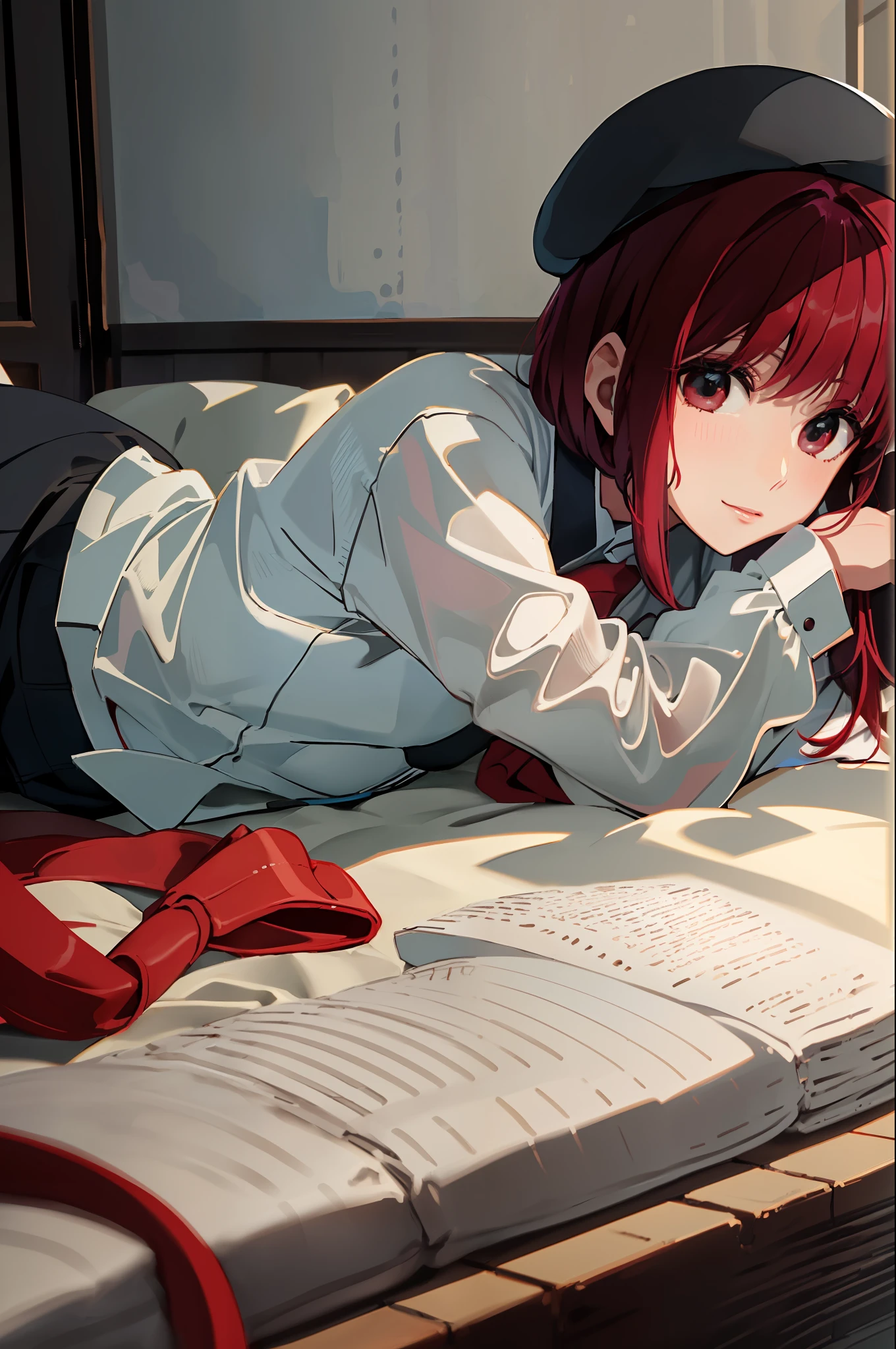 (Masterpiece, Best Quality, High Definition), Kana Arima (Oshinoko), Black Beret, (White Shirt), Red Necti, Long Sleeve, black_headwear, Solo, Shirt Lying Down