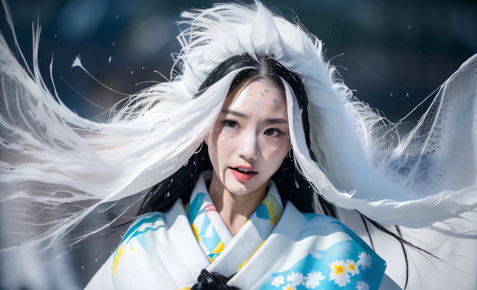 ((Snow Spirit)), ((Full Shot)), (((Intense snow and wind blow the spirit's body)), Snow Spirit has a pure white and beautiful face, looks lonely, wears (((White kimono)), skin is translucent white, (((hair is long and black)), eyes shine blue, (((Strong wind violently shakes the spirit's long black hair))), In the darkness only the snow spirit is illuminated and fantastic, photorealistic, Watercolor, wet-on-wet or splatter technique, perfect composition, abstract, surrealism, masterpiece, highest quality, ultra detail, HDR, 8K