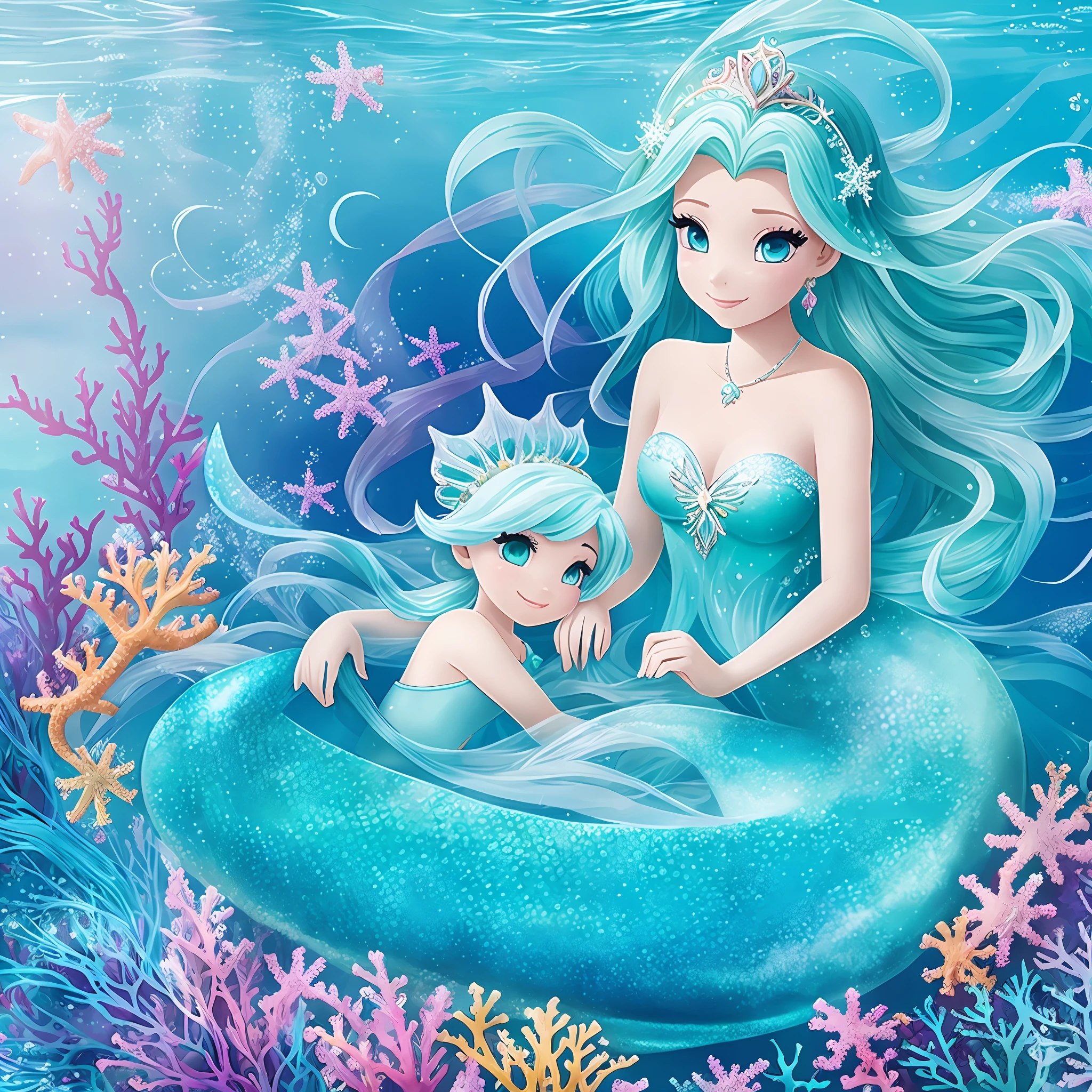 create an image of a mermaid and seahorse unicorns in a coral reef inspired by Frozen. The colors are mostly blue and aqua, creating a calm and magical mood. The image is meant to decorate a child's bedroom and spark their imagination. --auto --s2